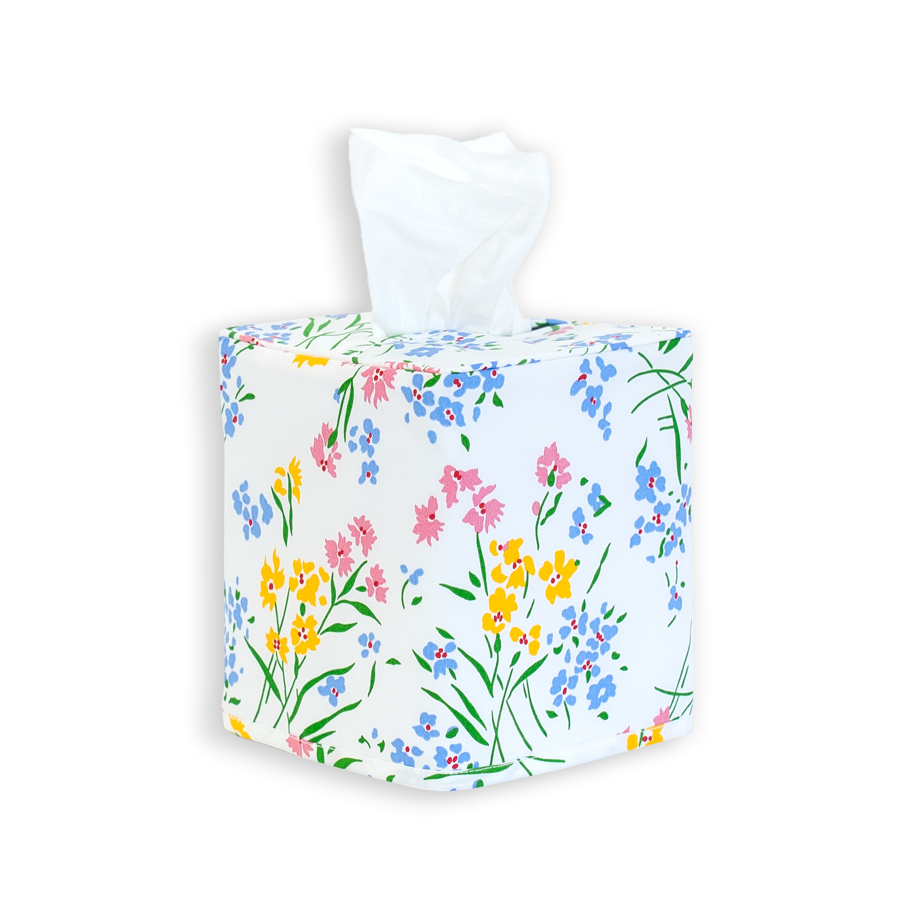 Multi color floral, fleurs des champs print on a standard square tissue box cover with a white background