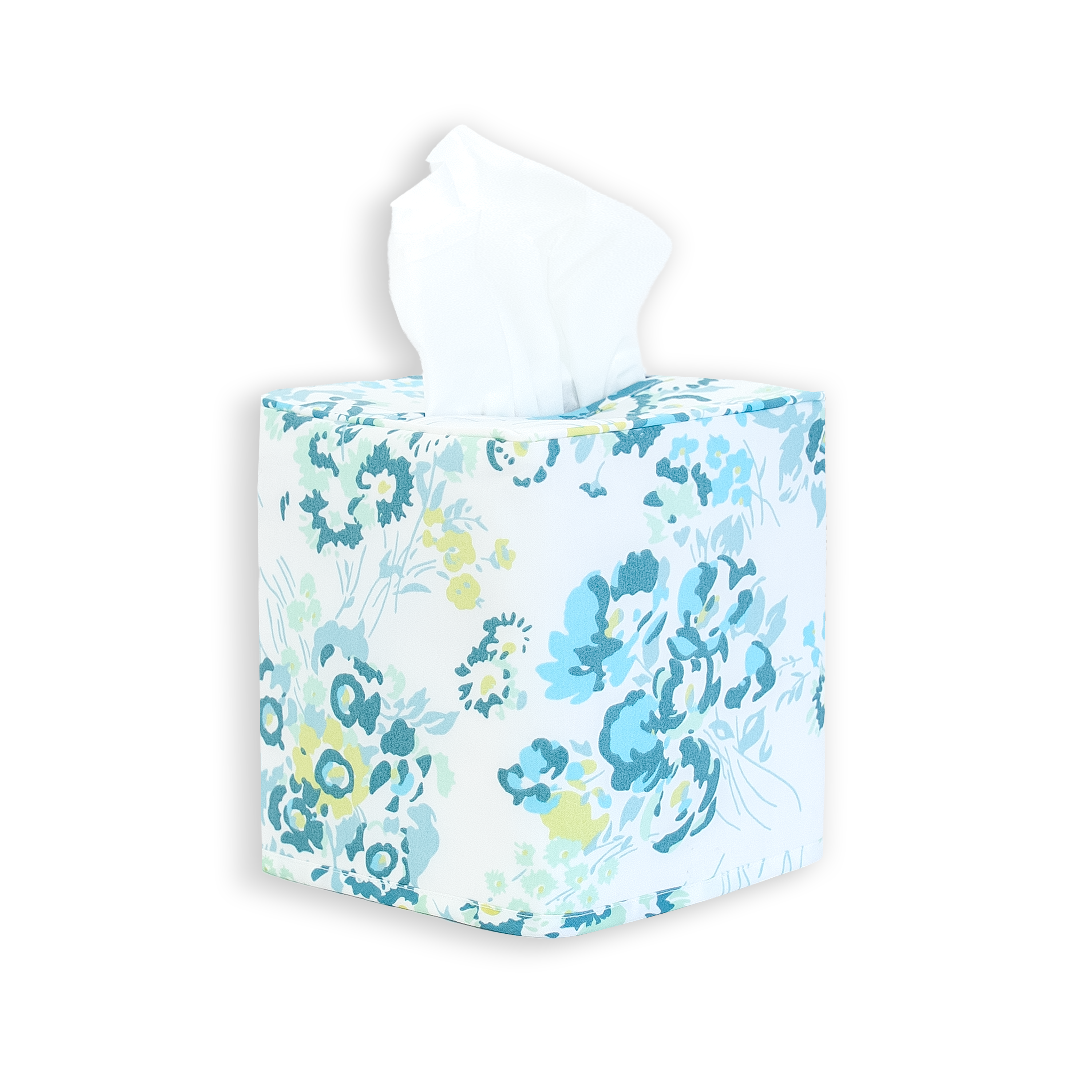 Blue and green floral, new york mille fleurs print on a standard square tissue box cover with a white background