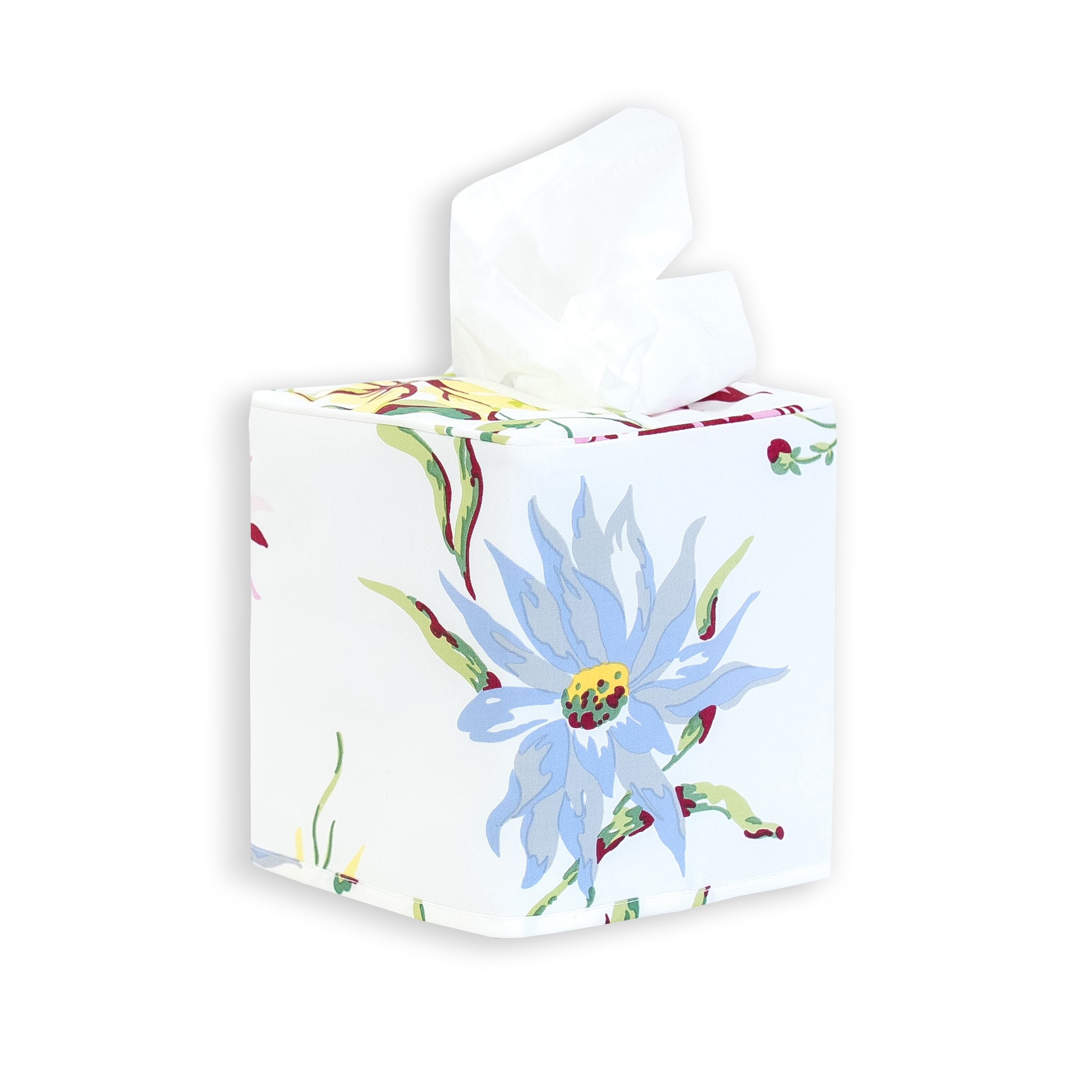 Multi color floral, dahlia print on a standard square tissue box cover with a white background