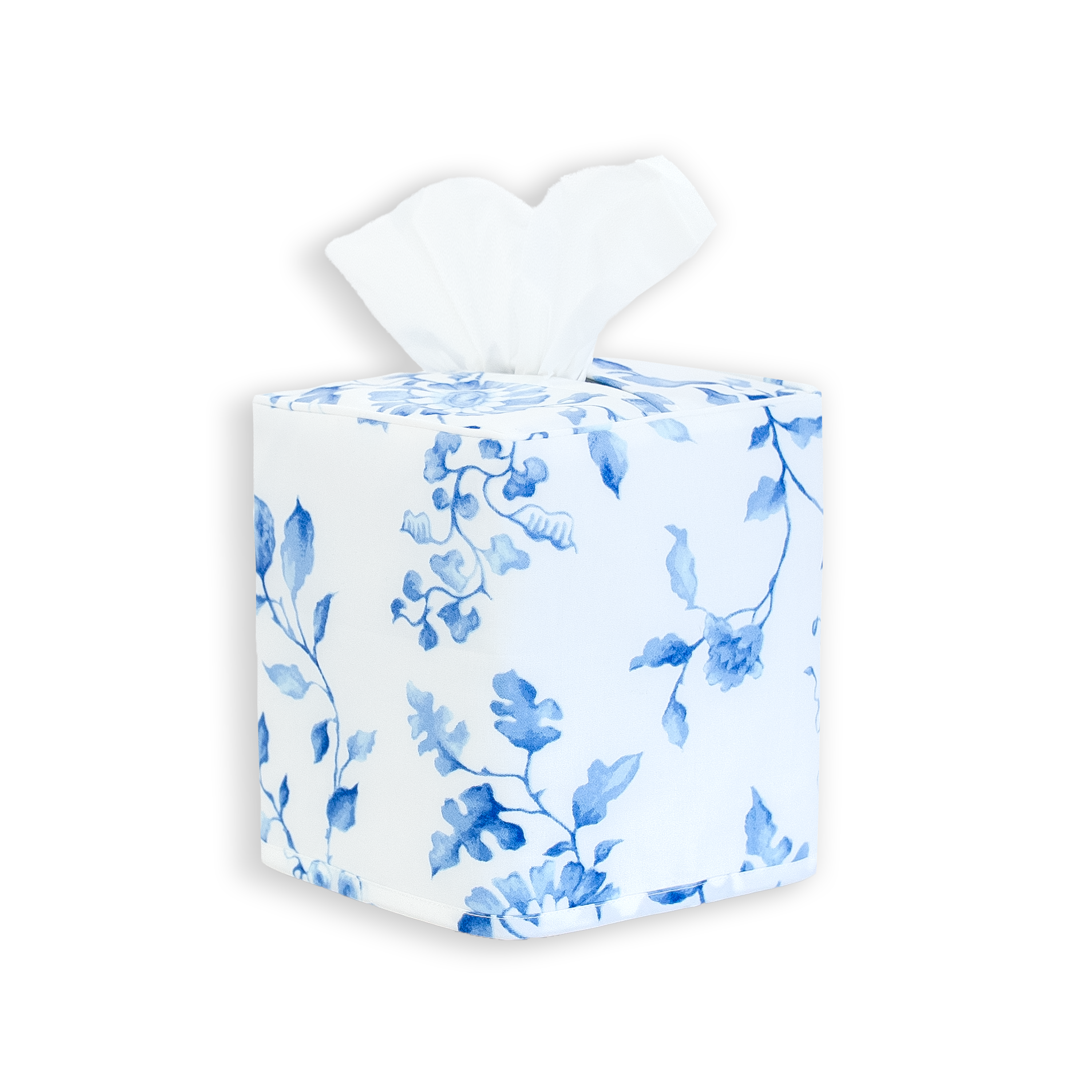 Blue florals on white, mers de chine print on a standard square tissue box cover with a white background
