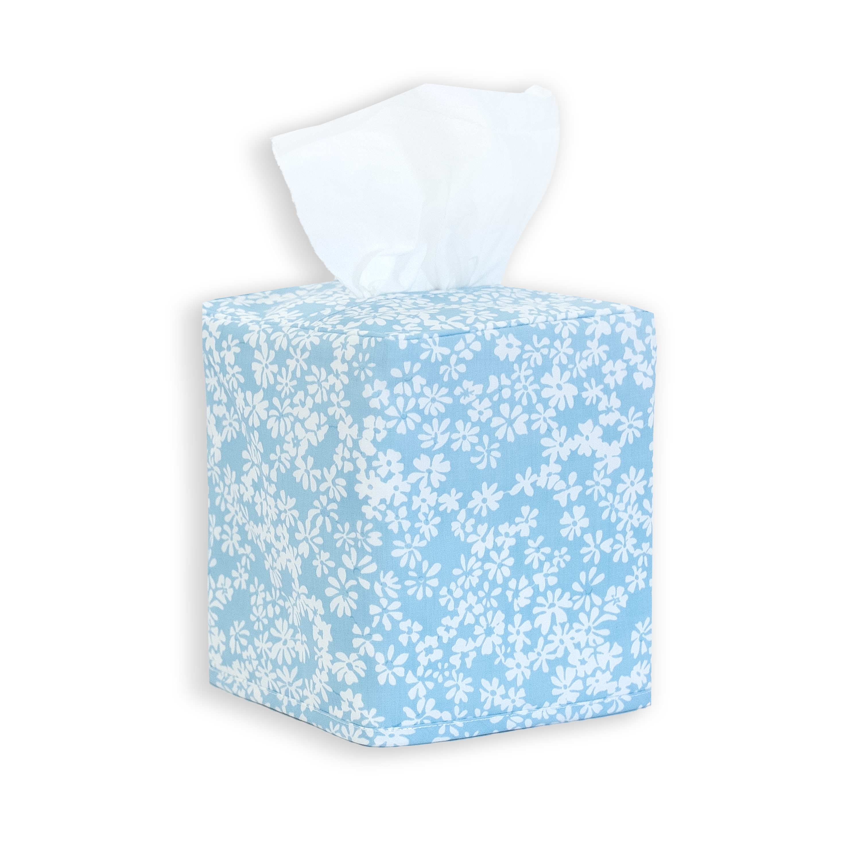 White florals on blue, liberty print on a standard square tissue box cover with a white background