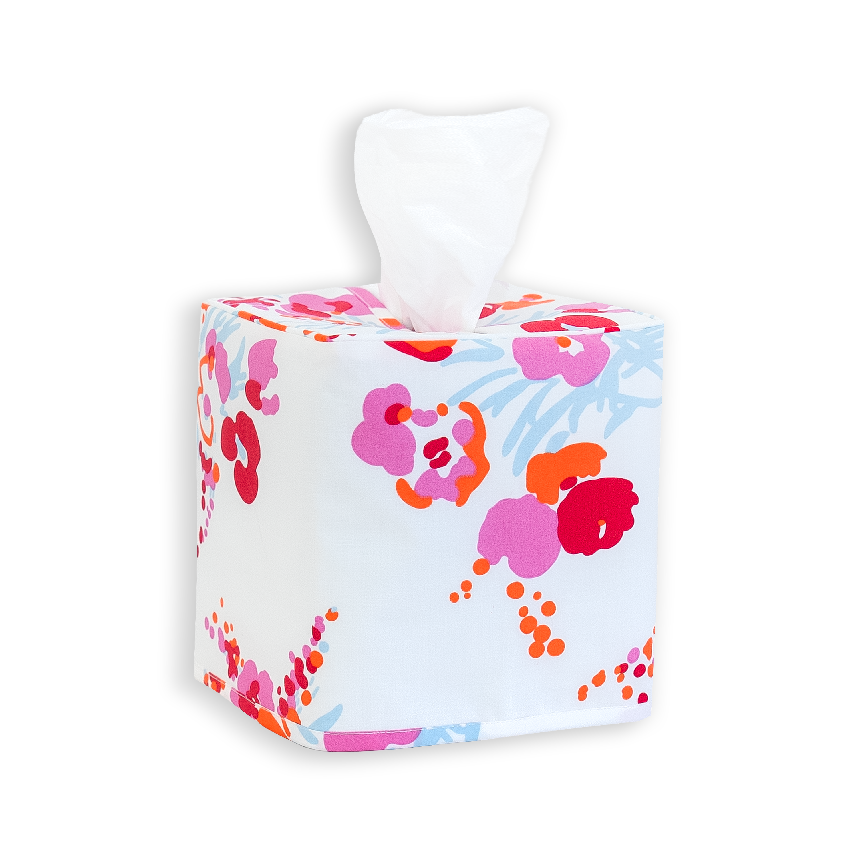 Orange and pink floral, demoiselles print on a standard square tissue box cover with a white background