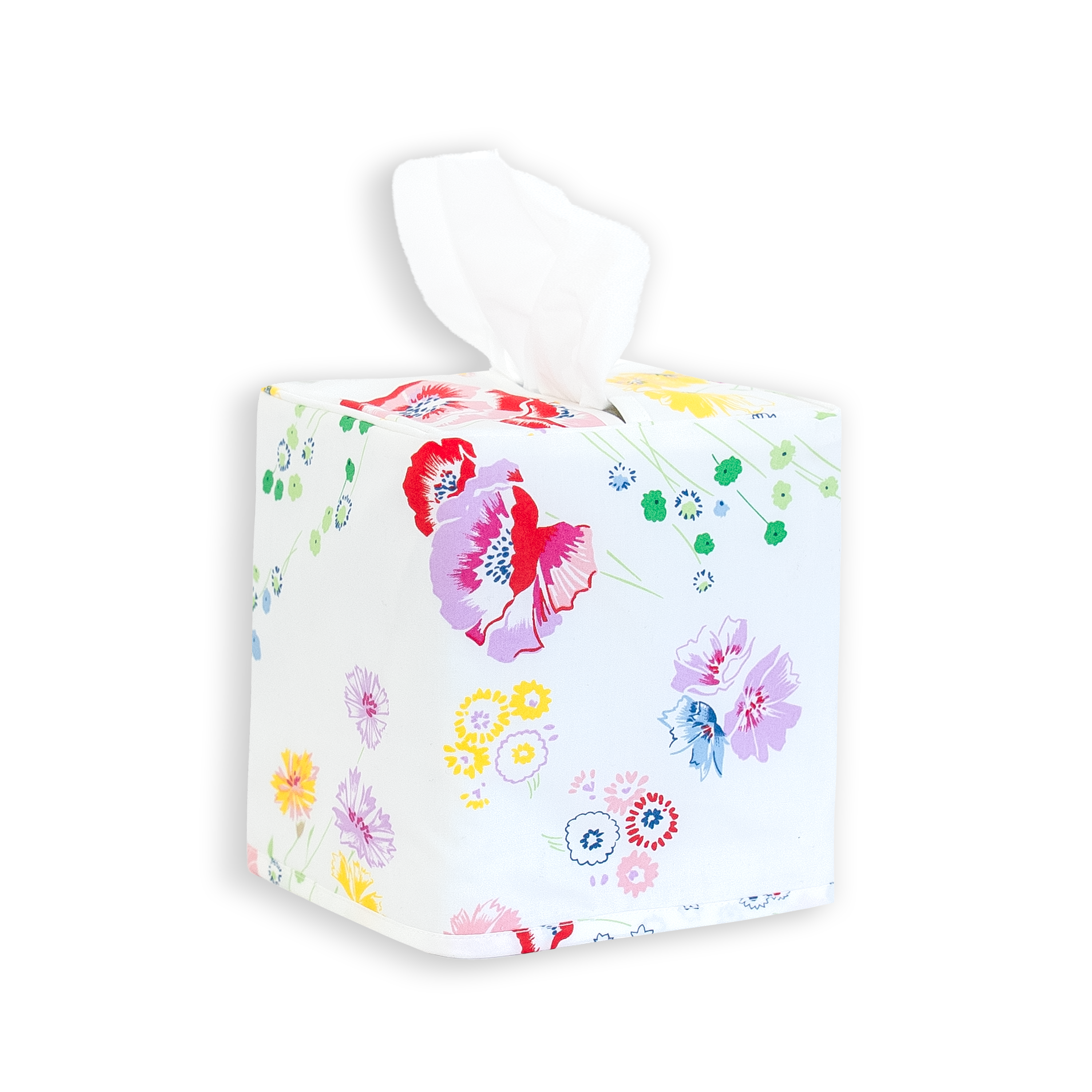 Multi color floral, fleurs d'avril print on a standard square tissue box cover with a white background