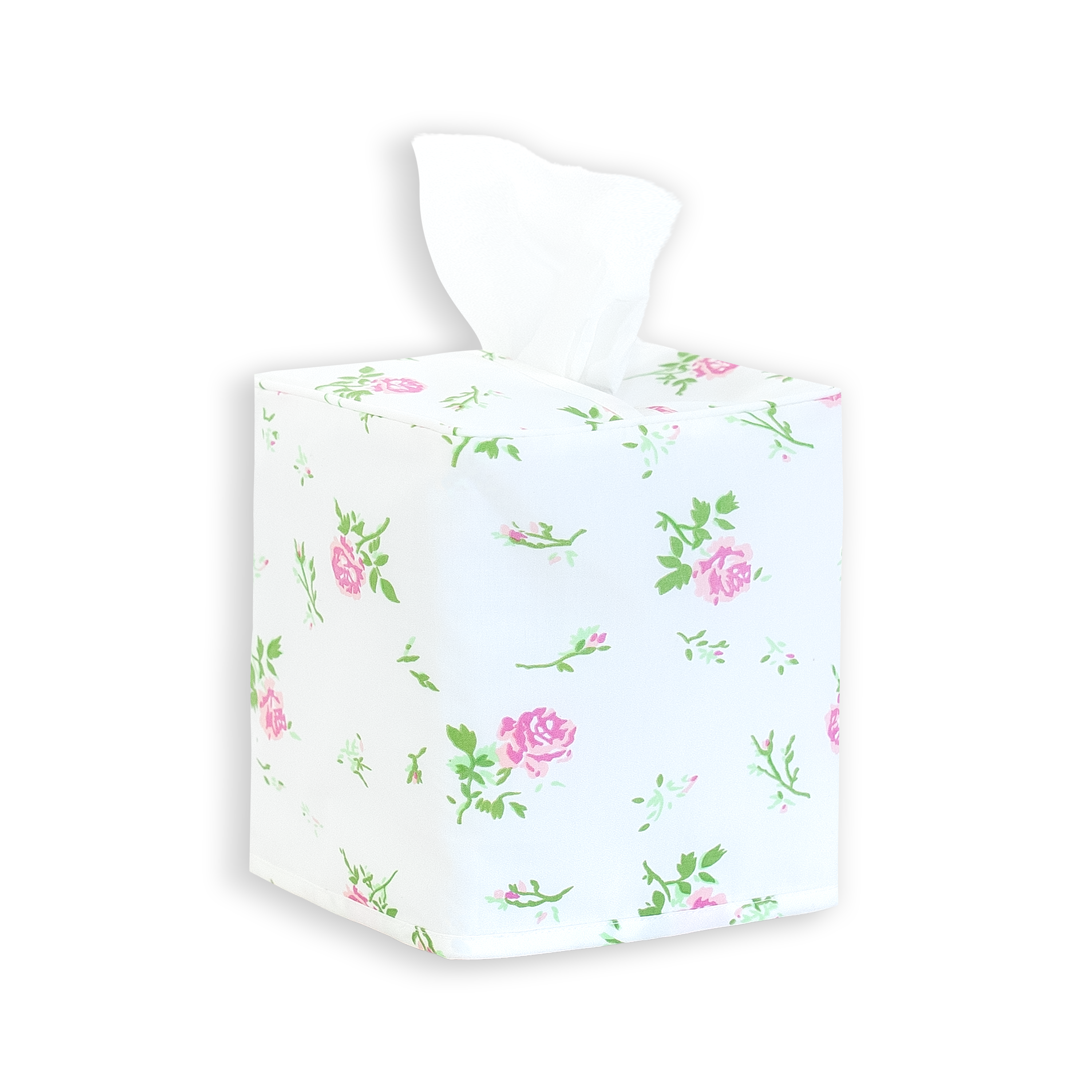 Pink roses with green stems, madeleine rose print on a standard square tissue box cover with a white background