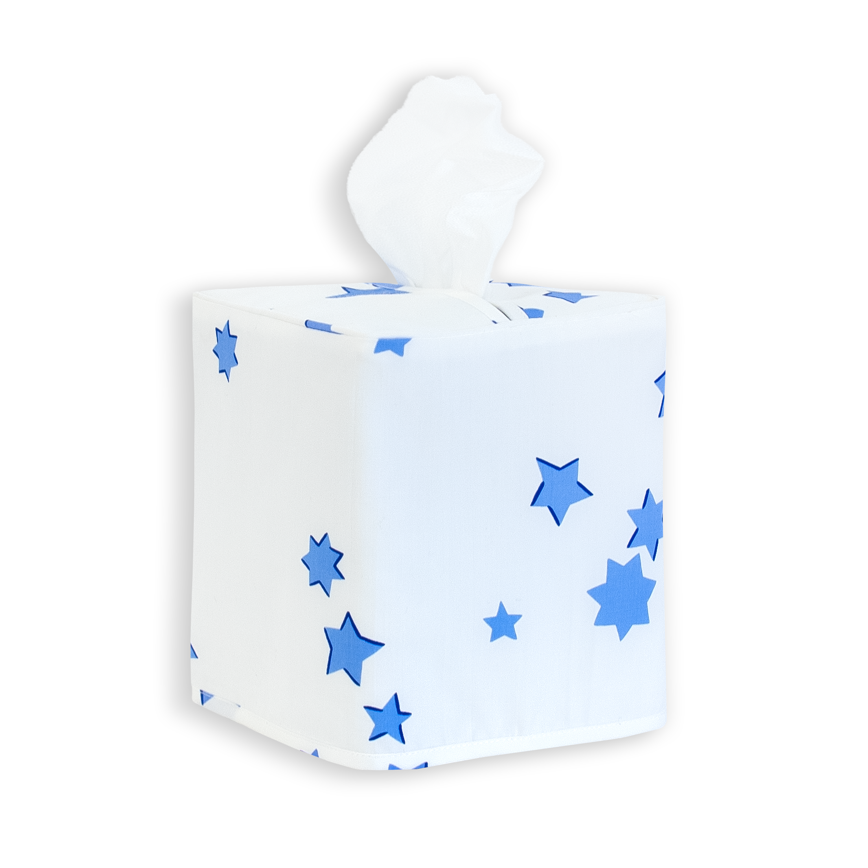 Blue stars, etoiles print on a standard square tissue box cover with a white background