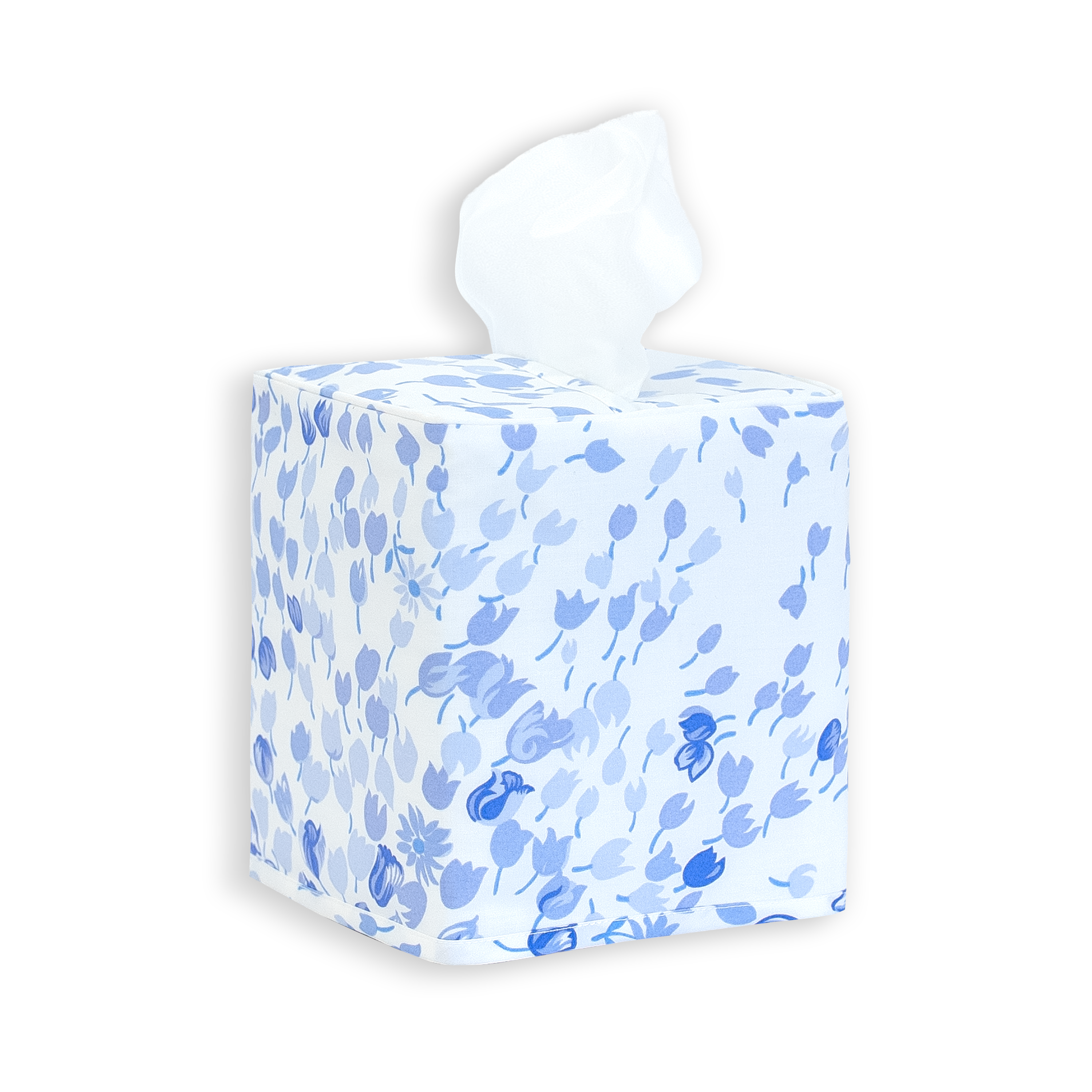 Periwinkle floral, bouquet eclate print on a standard square tissue box cover with a white background