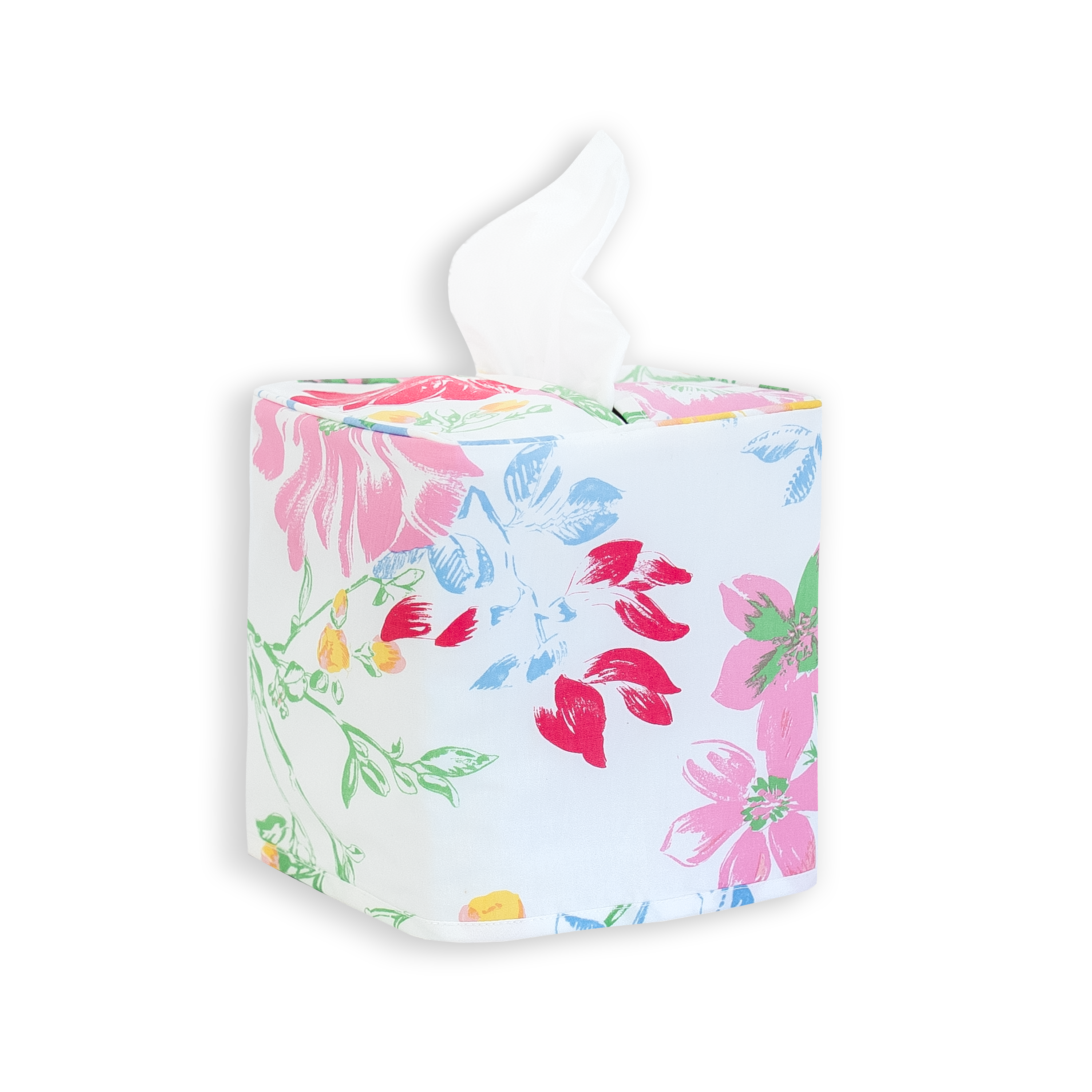 Multi color floral, louise print on a standard square tissue box cover with a white background