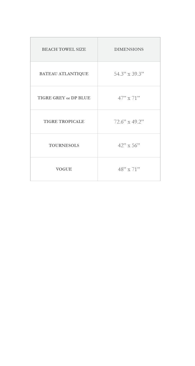 Size chart for beach towels