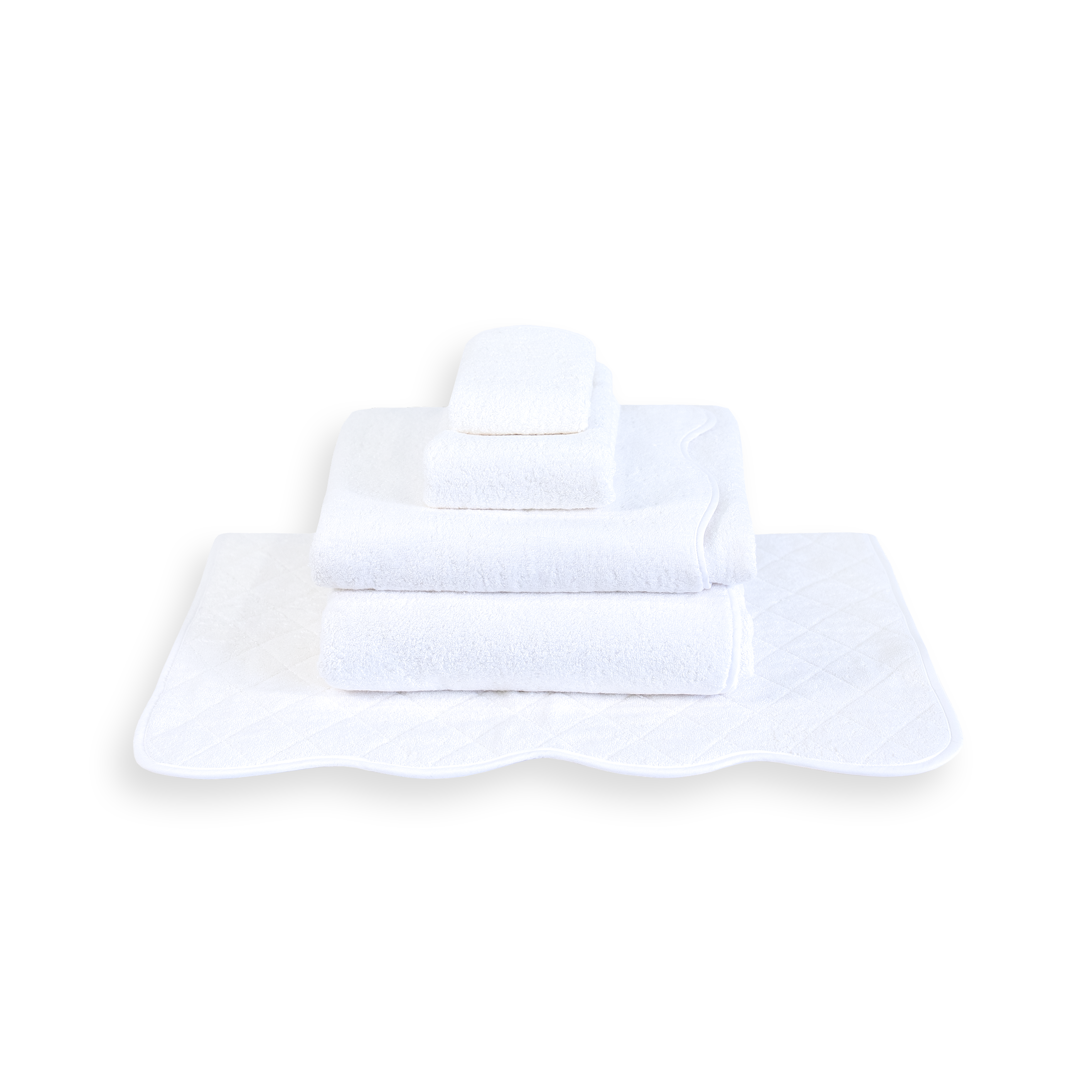 Solid White folded towel stack. Showing 1 of each size, from bottom to the top: Bathmat, Bath Sheet, Bath Towel, Hand Towel and Washcloth on a solid white background.