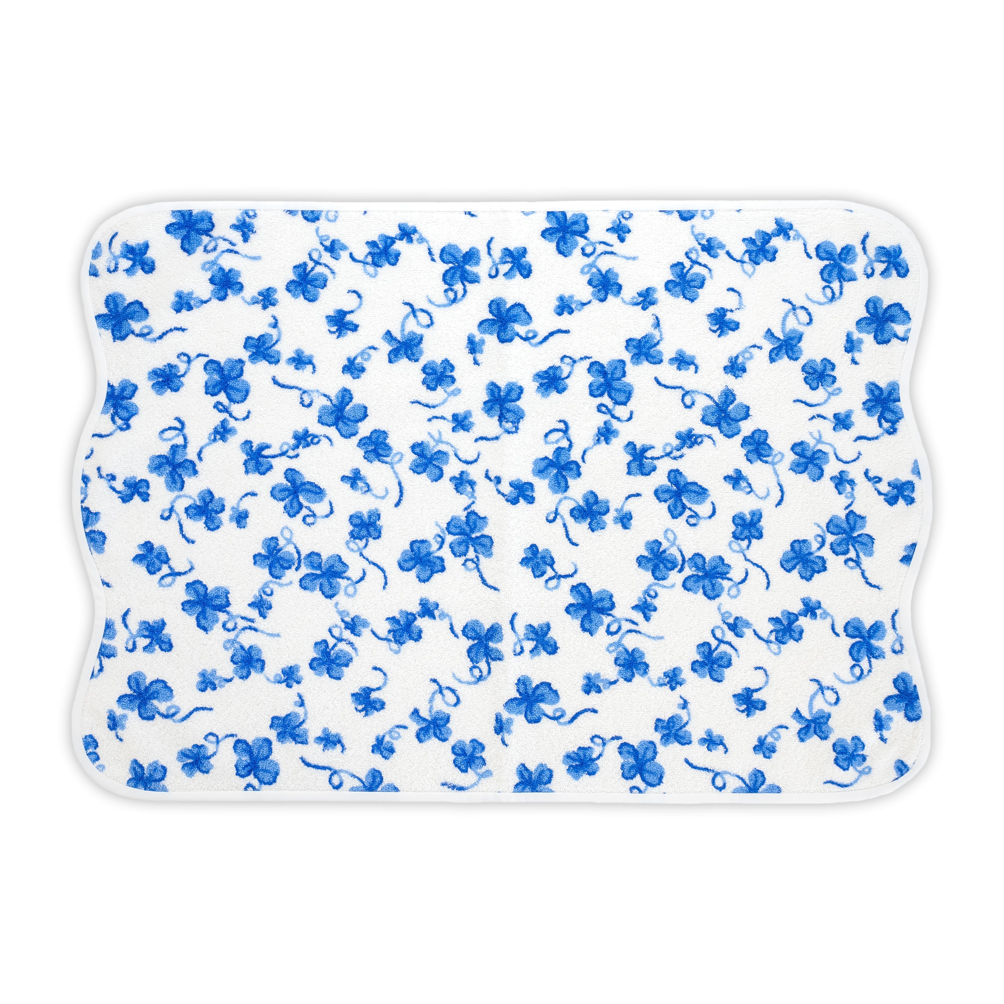 Printed hand towel of blue clovers, Trefles Print, with a wavy white bias on white background