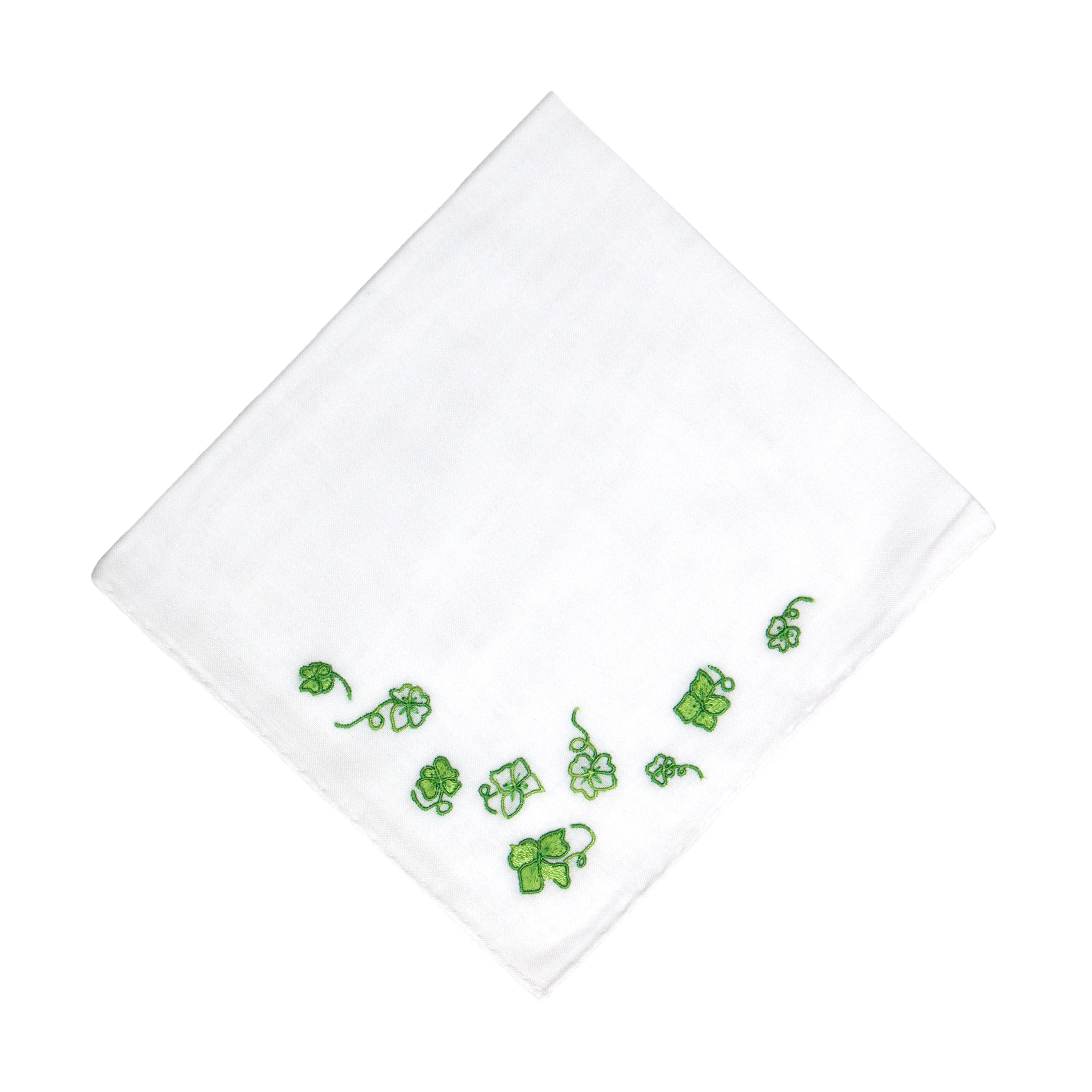 Cotton voile handkerchief, hand-rolled hem, hand-embroidered with green clovers.