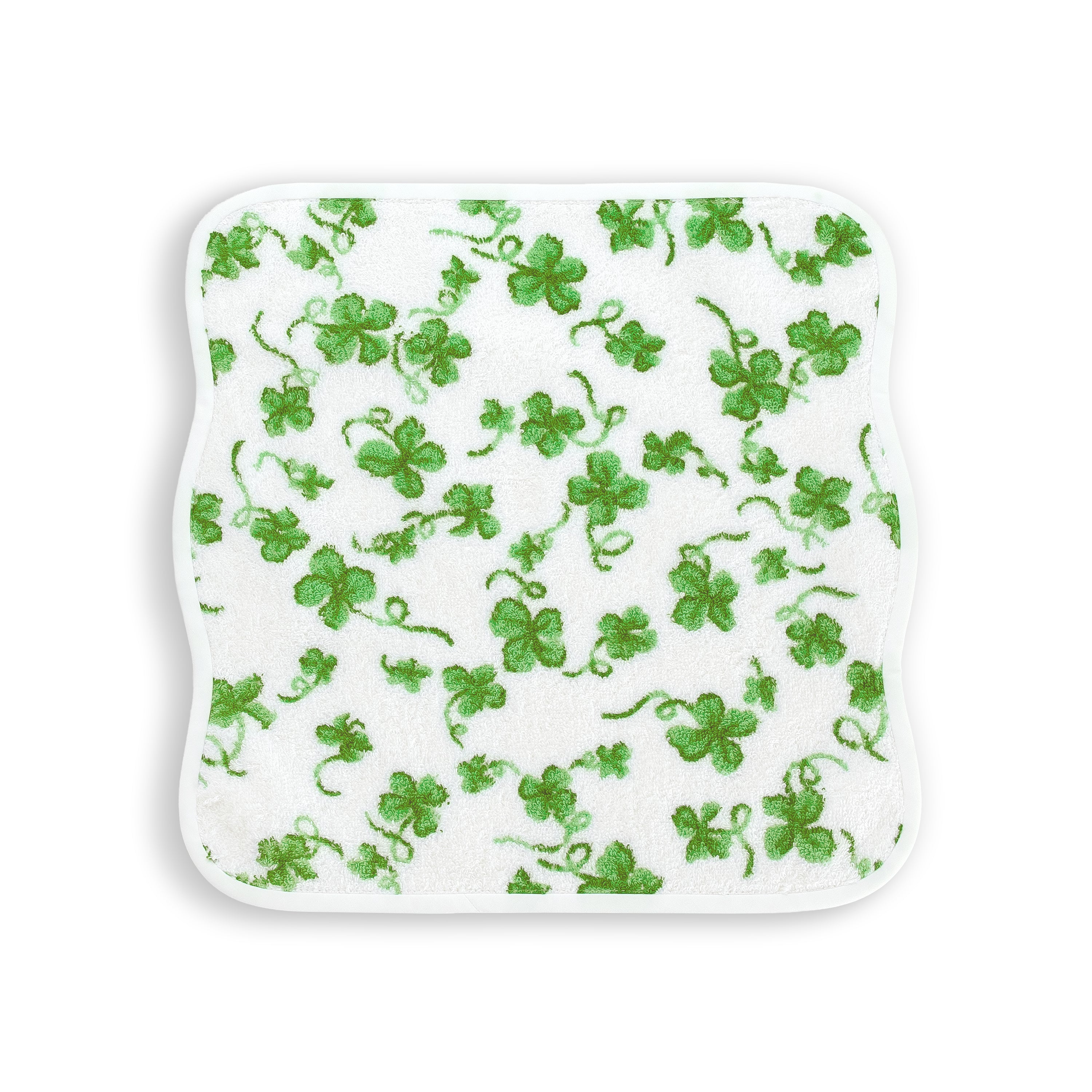 Printed green clovers, Trefles print, washcloth on a solid white background.