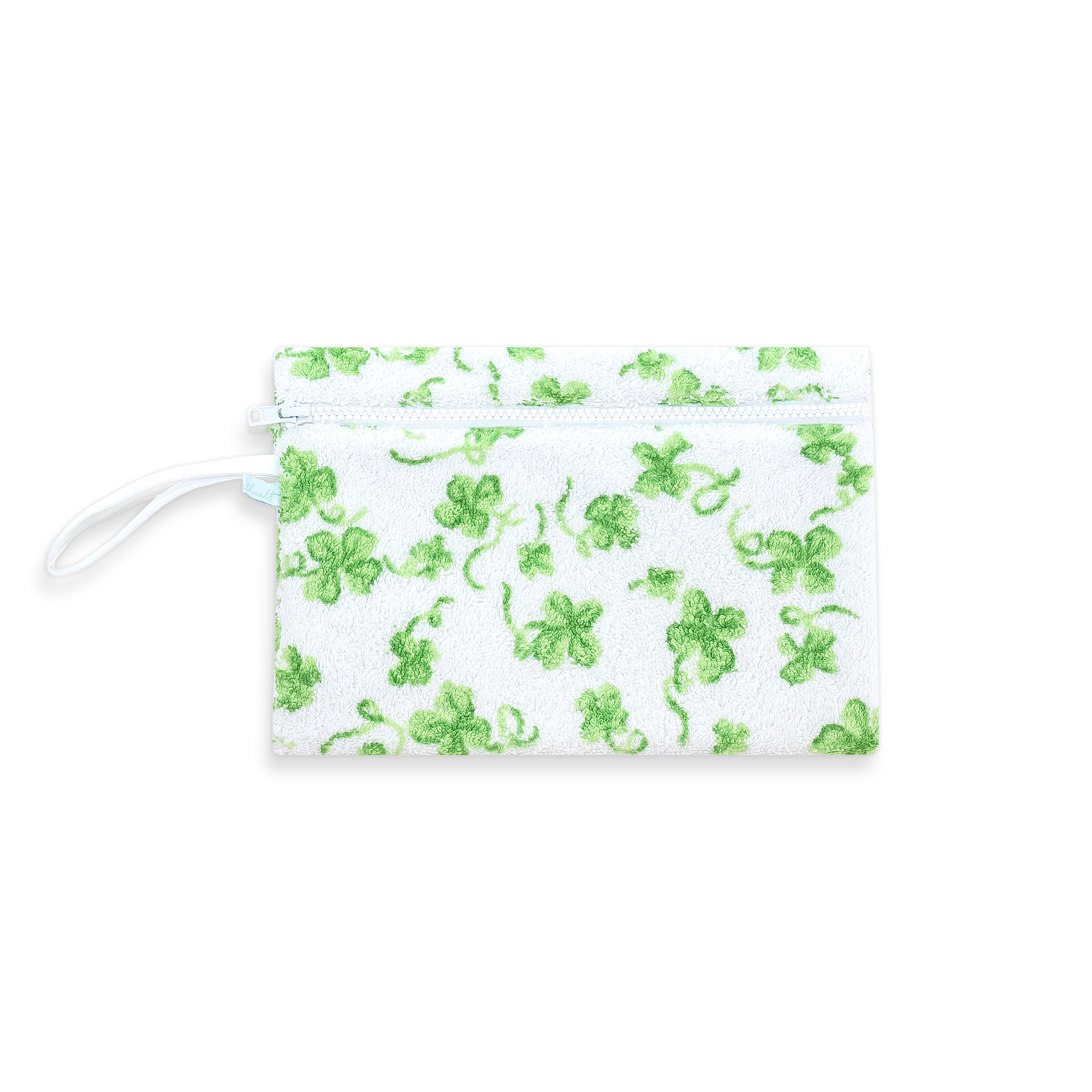 Green clover-patterned pouch, white zipper, and white wrist band, on a white background