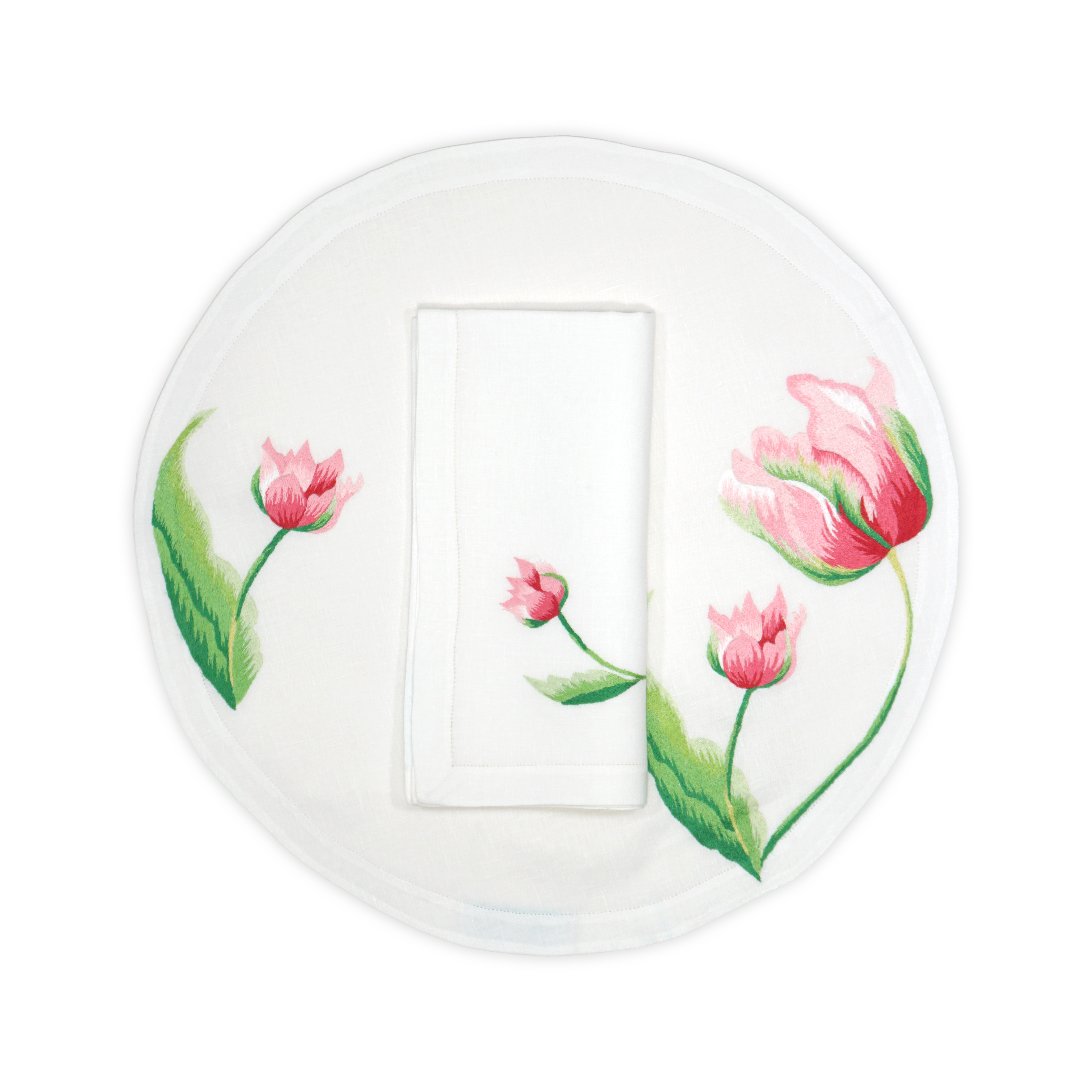 Tulipe Perroquet Pink Round Emb. Placemat/Napkin Sets