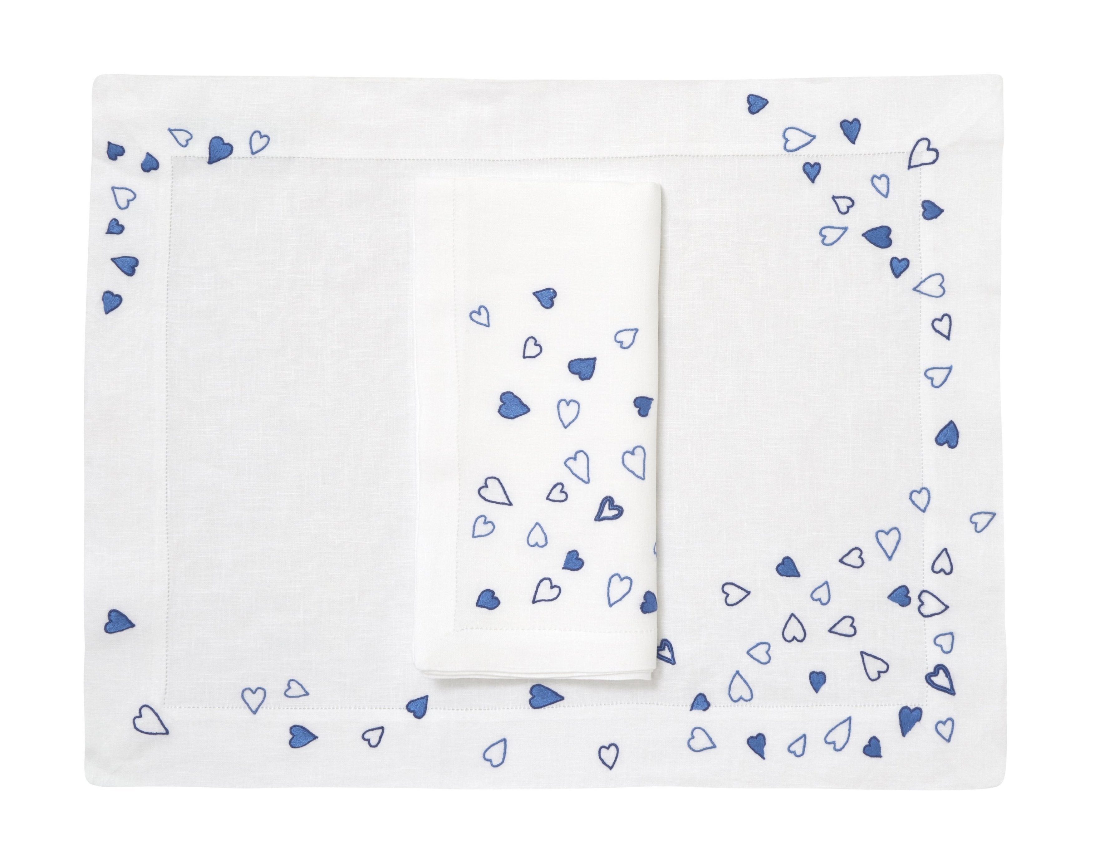 Coeurs Blue Emb. Placemat/Napkin Sets