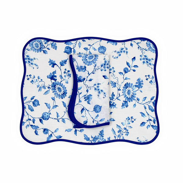Mers de Chine Blue Printed Linen Placemat/Napkin Set