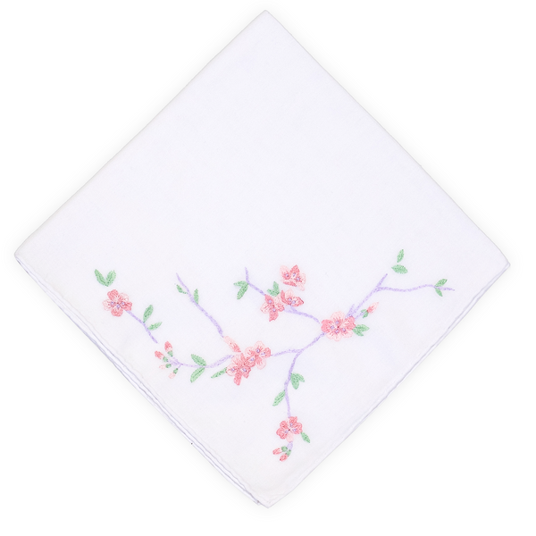 Embroidered Fleurs de Pêcher Rose Handkerchief