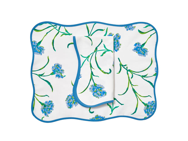 Carnations Blue/Green Printed 13" Placemat/Napkin Set