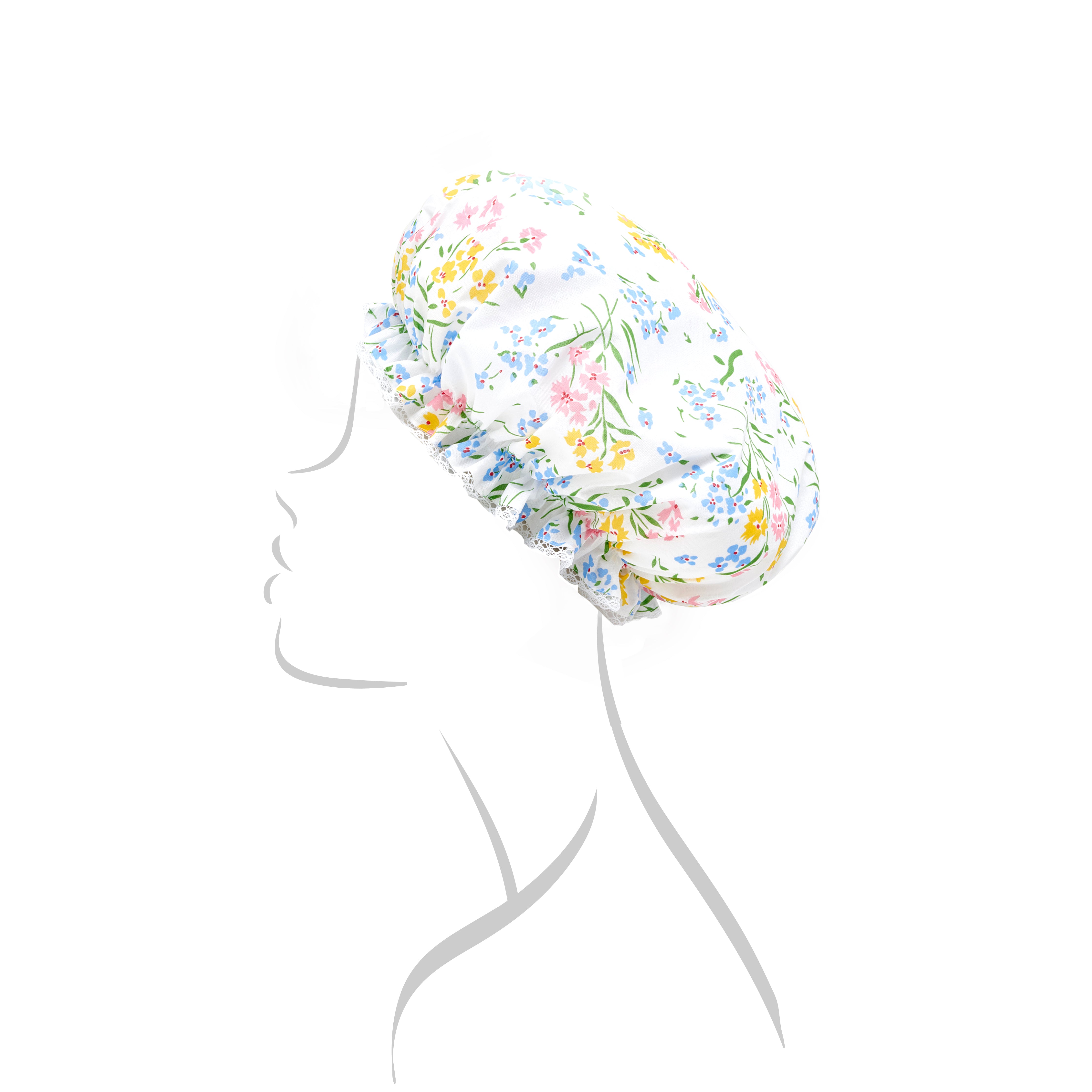 Pink multi floral-pattern on a shower cap, with white lace, shown on a line-drawing of a female figure