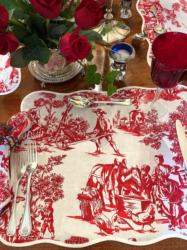 Pastorale Red Printed Linen Placemat/Napkin Set