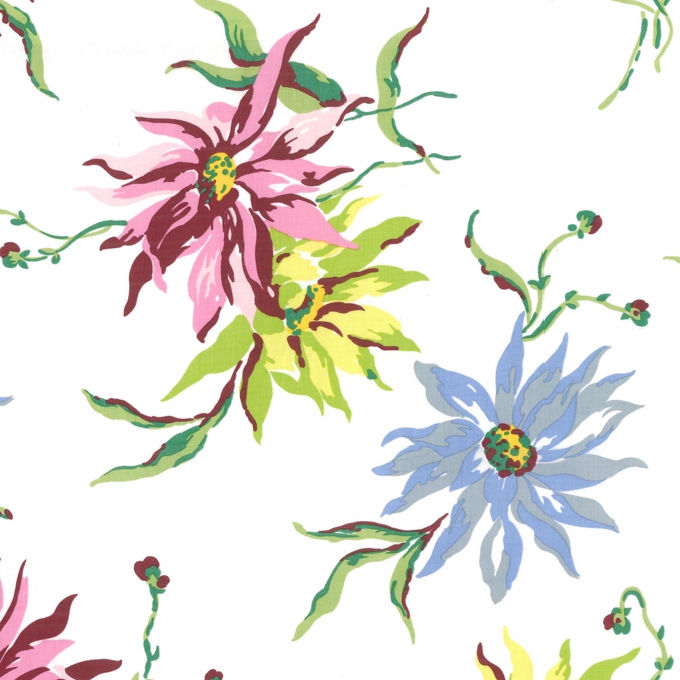 A floral patterned tissue box cover featuring dahlias in various colors on a white background.