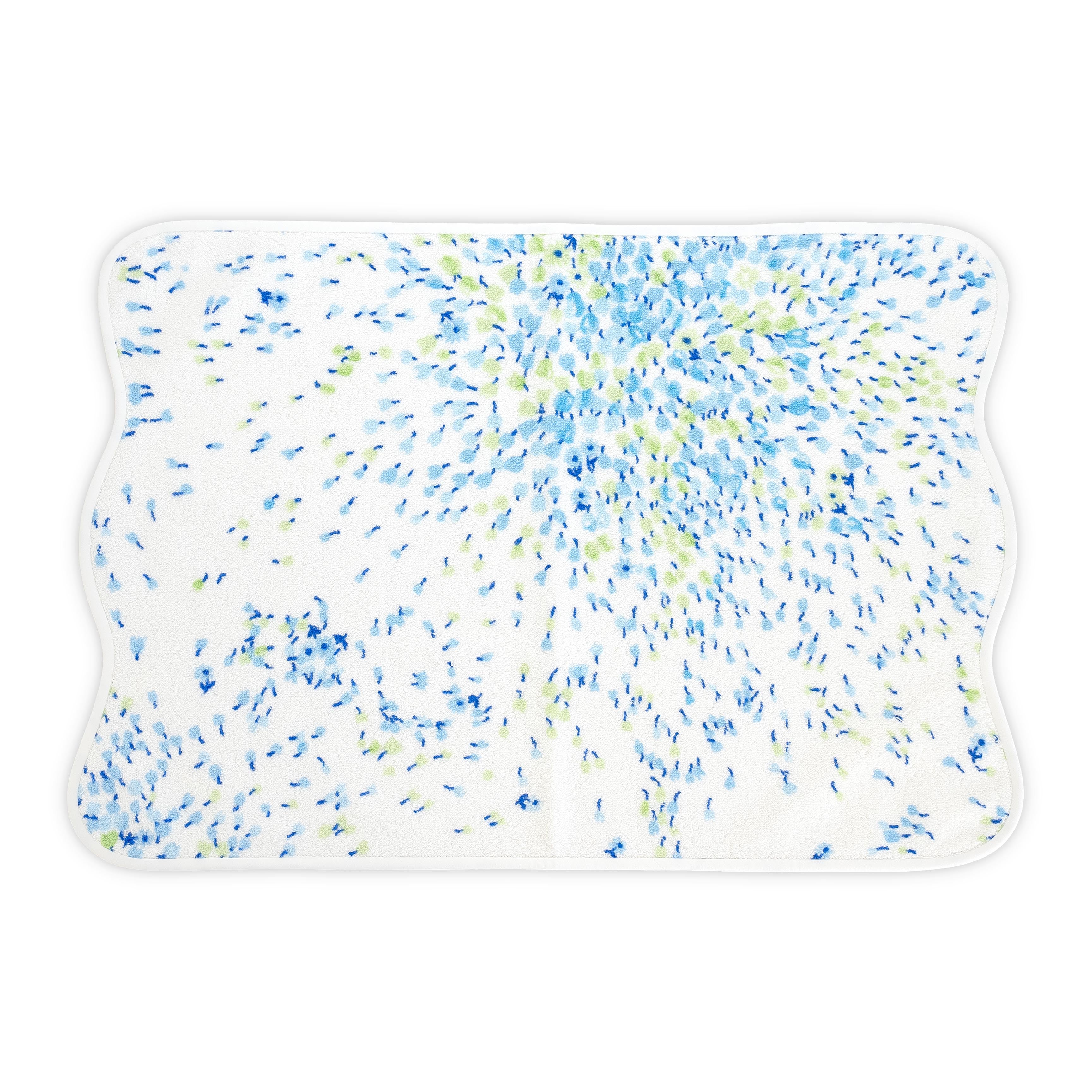 White Hand towel with blue and green floral print. Hand towel shows with a wavy white bias. On a white background.