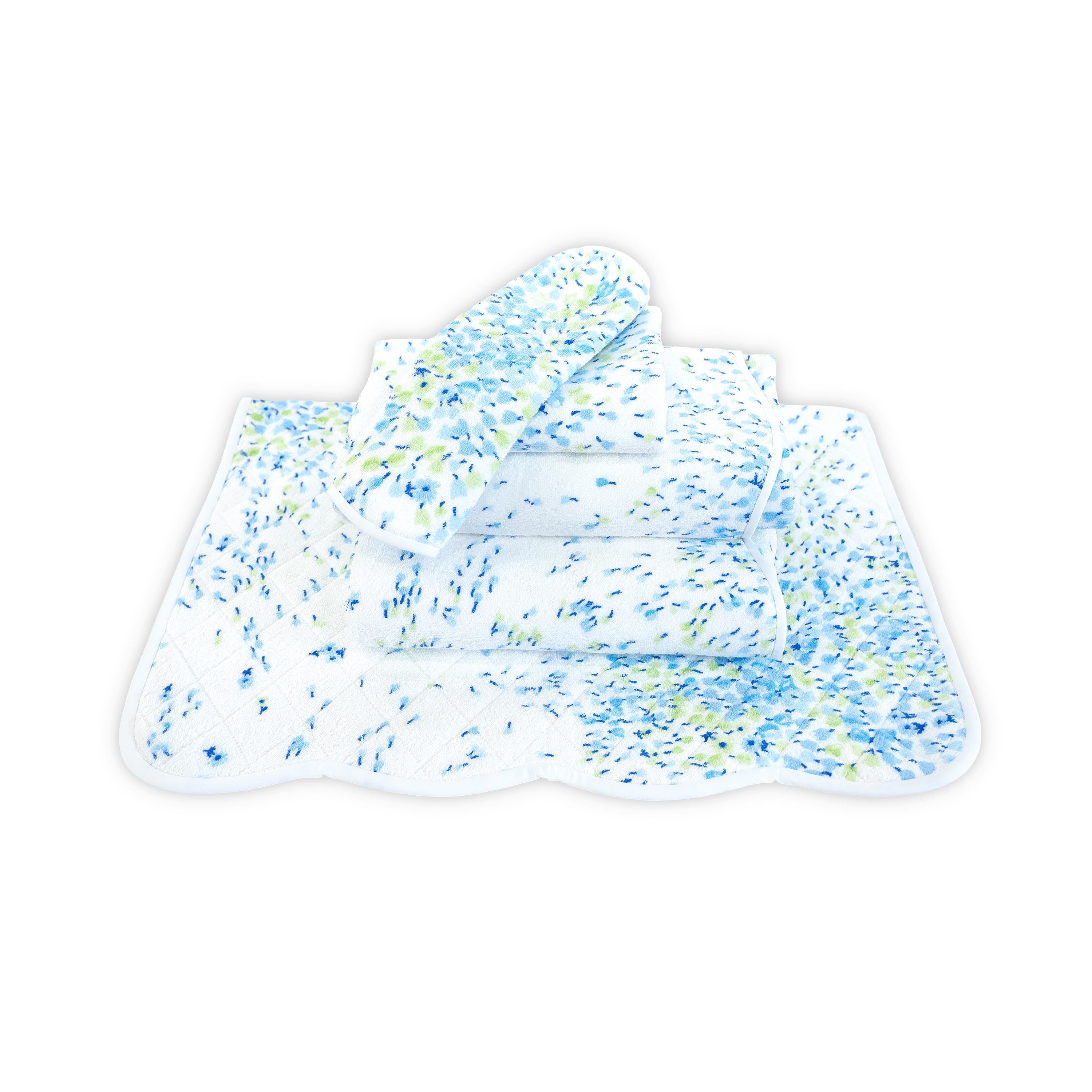 Printed violet and blue and green floral print, Folded Towel stack. Showing 1 of each size, from bottom to the top: Bathmat, Bath Sheet, Bath Towel, Hand Towel and Washcloth on a solid white background.