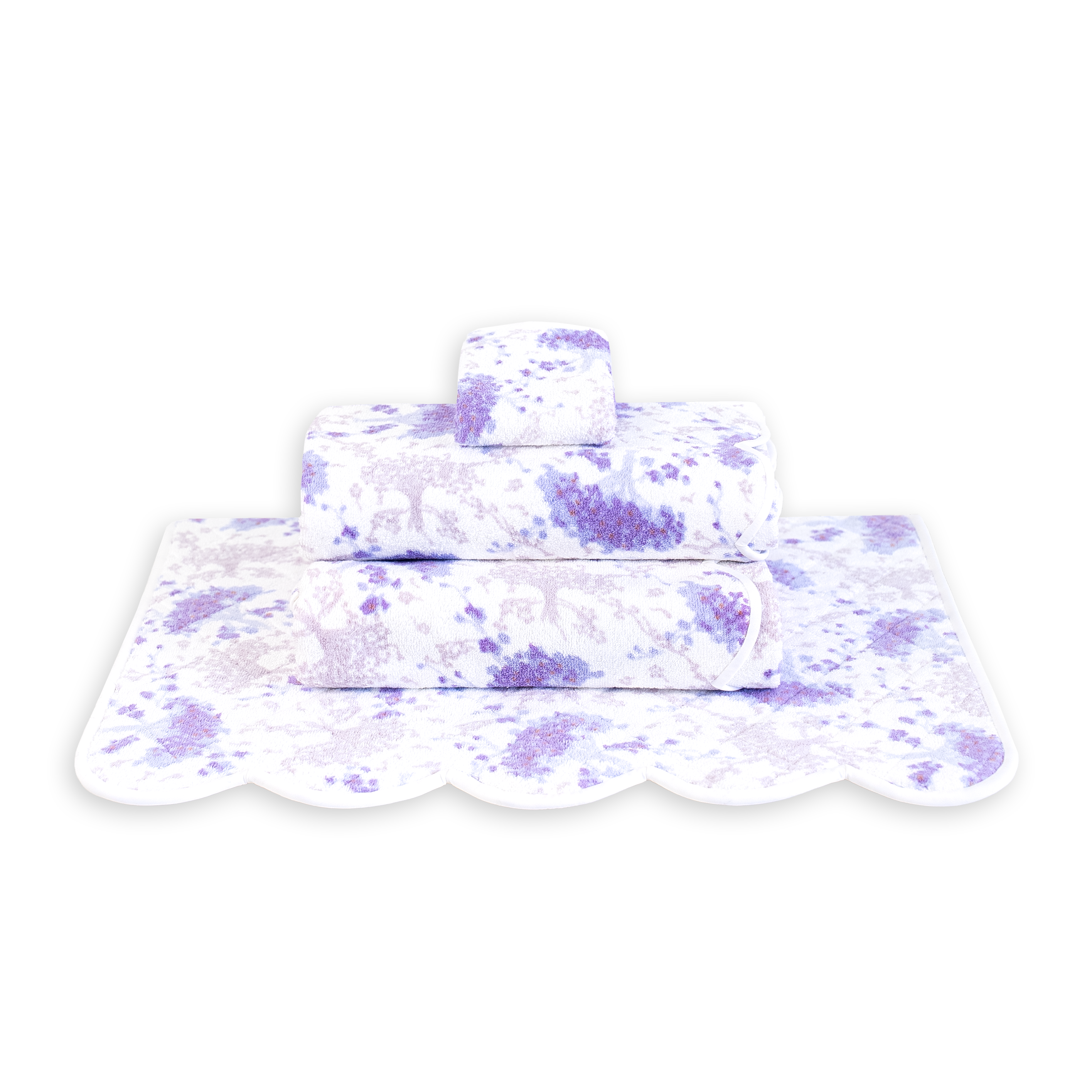 Printed purple flowers, Bouquet de Violettes print, Folded Towel stack. Showing 1 of each size, from bottom to the top: Bathmat, Bath Sheet, Bath Towel, Hand Towel and Washcloth on a solid white background.