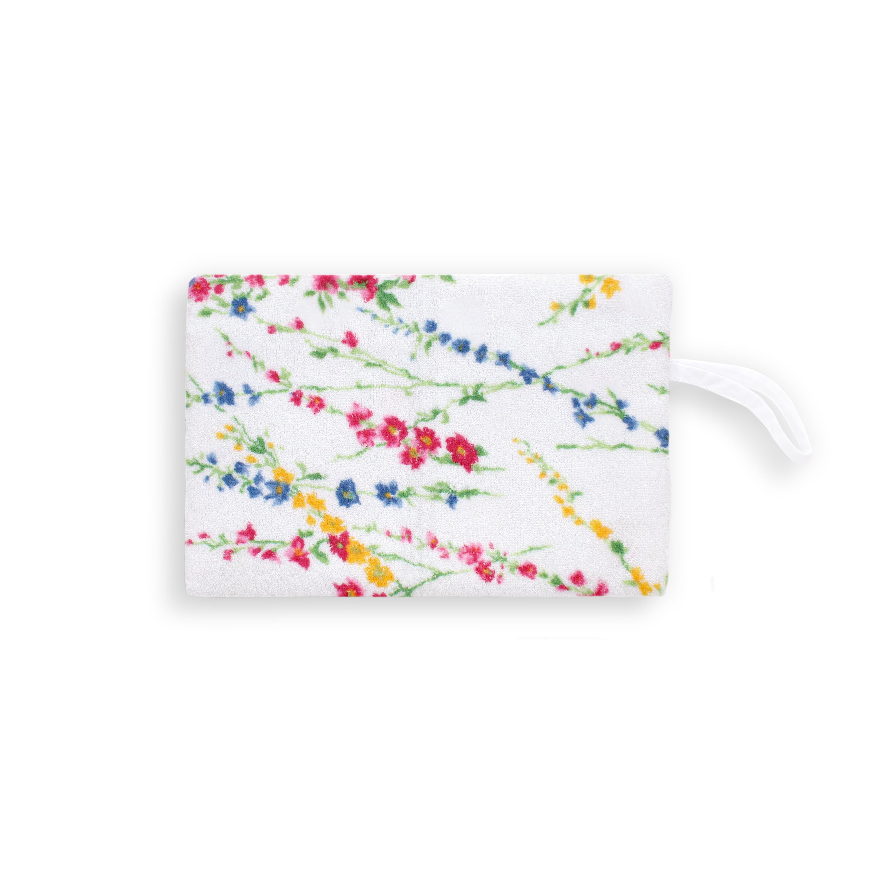 Multicolored floral-patterned pouch, and white wrist band, on a white background
