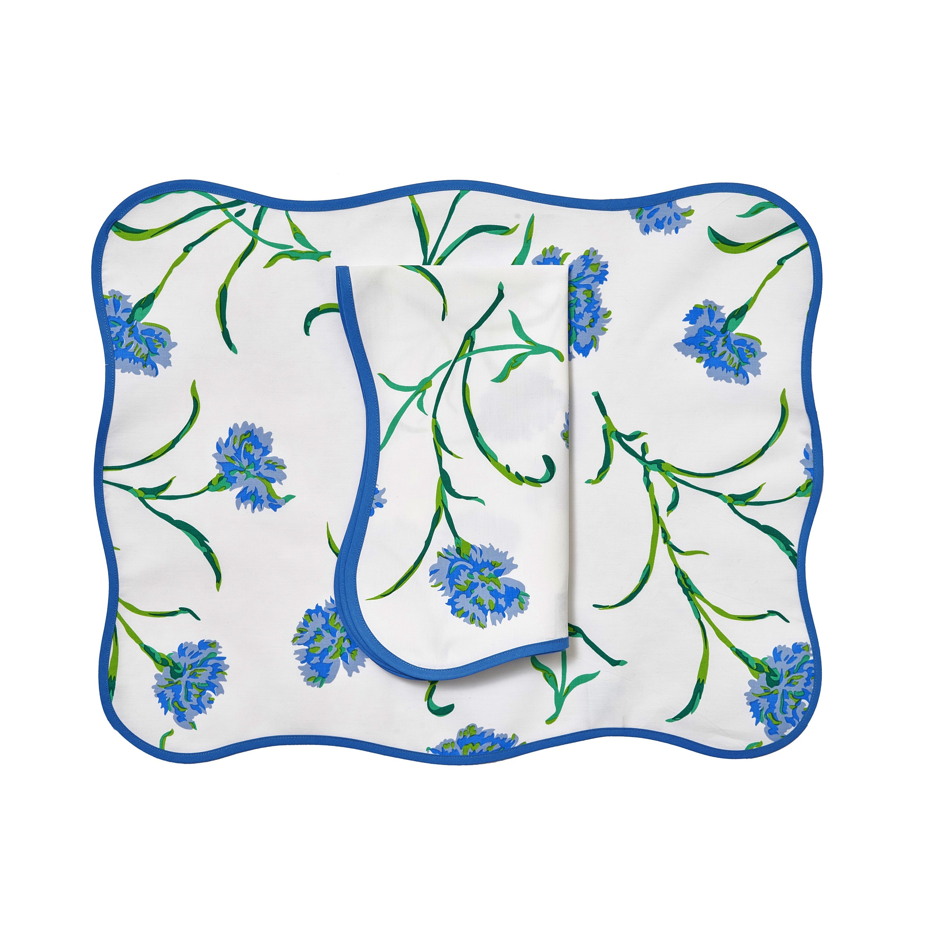 Carnations Blue/Green Printed 13" Placemat/Napkin Set