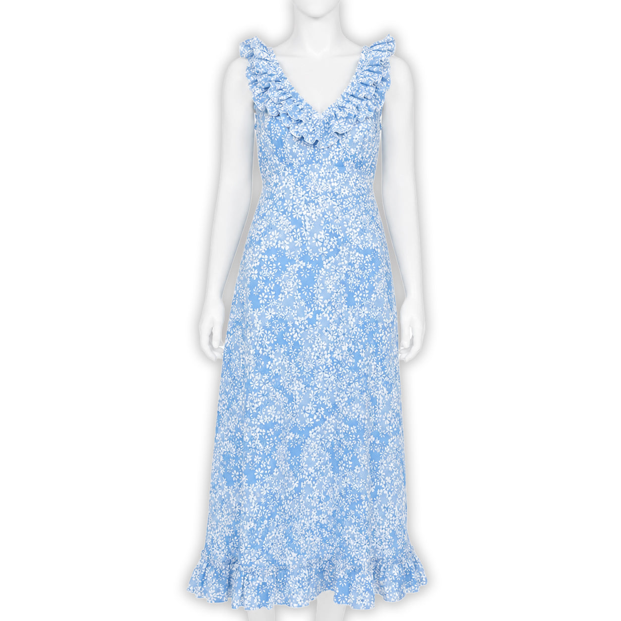 Blue florals long nightgown, bias cut printed cotton voile with tie and V-neck ruffle in the front and back. Displayed on mannequin with a white background.