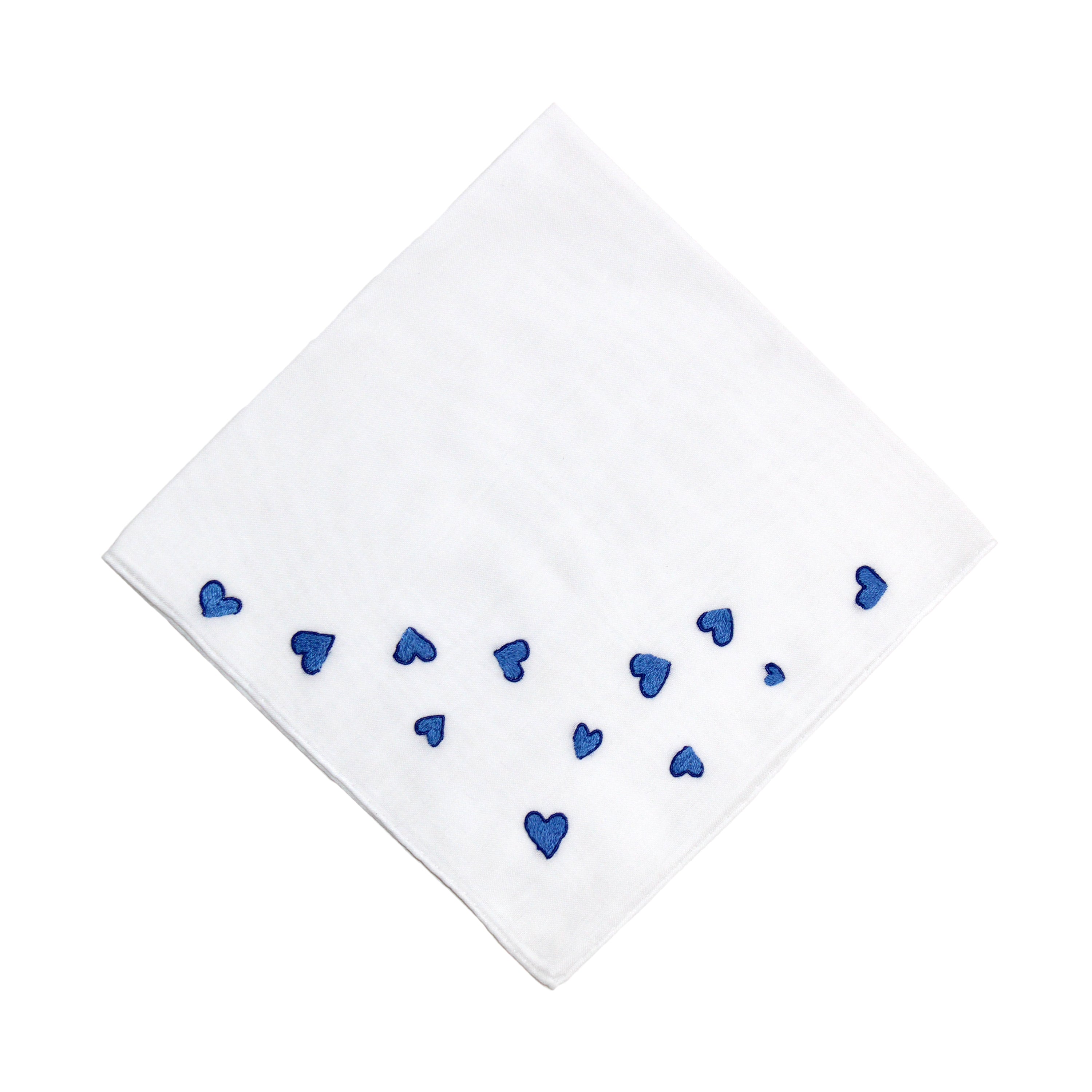 Cotton voile handkerchief, hand-rolled hem, hand-embroidered with blue hearts.