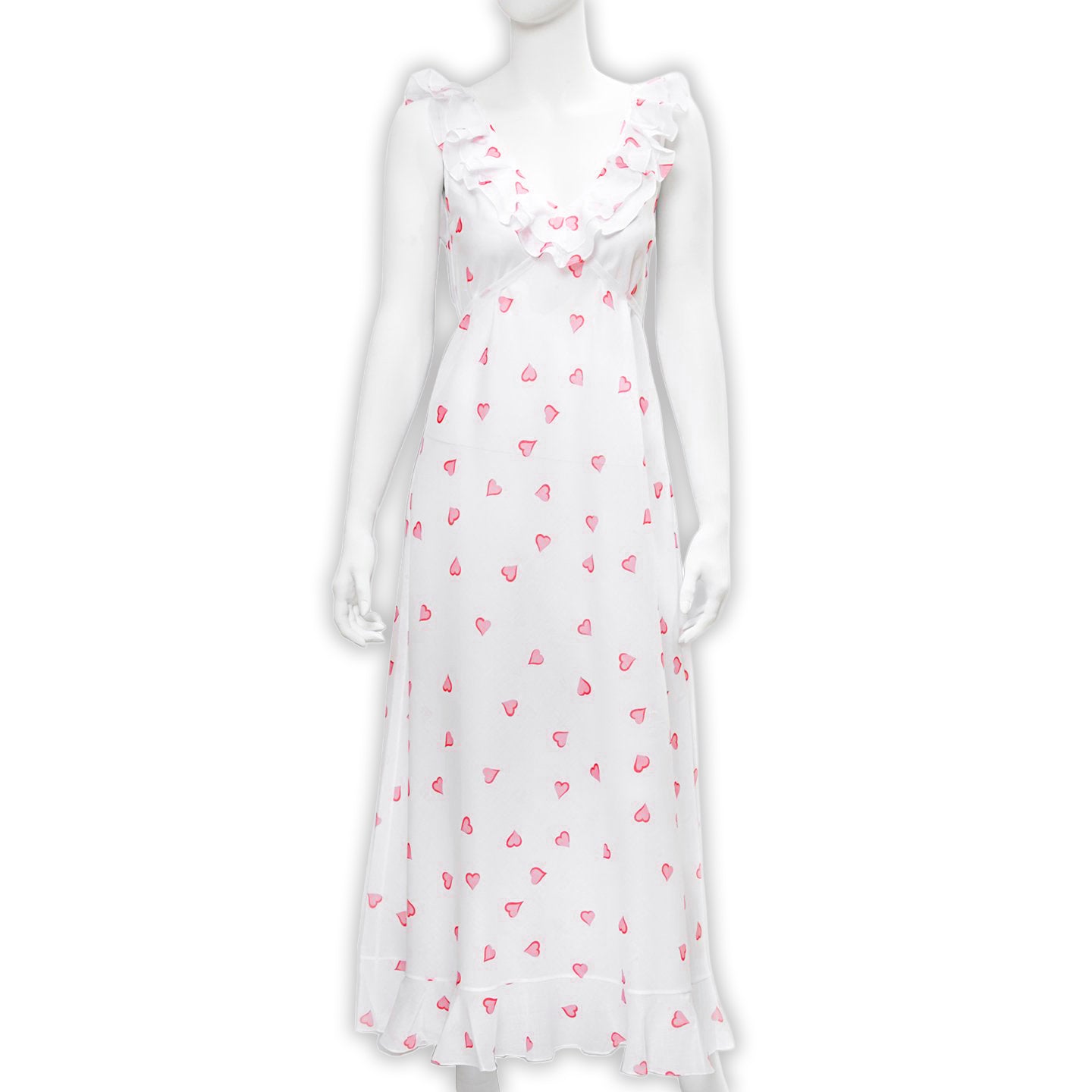 Scattered pink hearts long nightgown, bias cut printed cotton voile with tie and V-neck ruffle in the front and back. Displayed on mannequin with a white background.