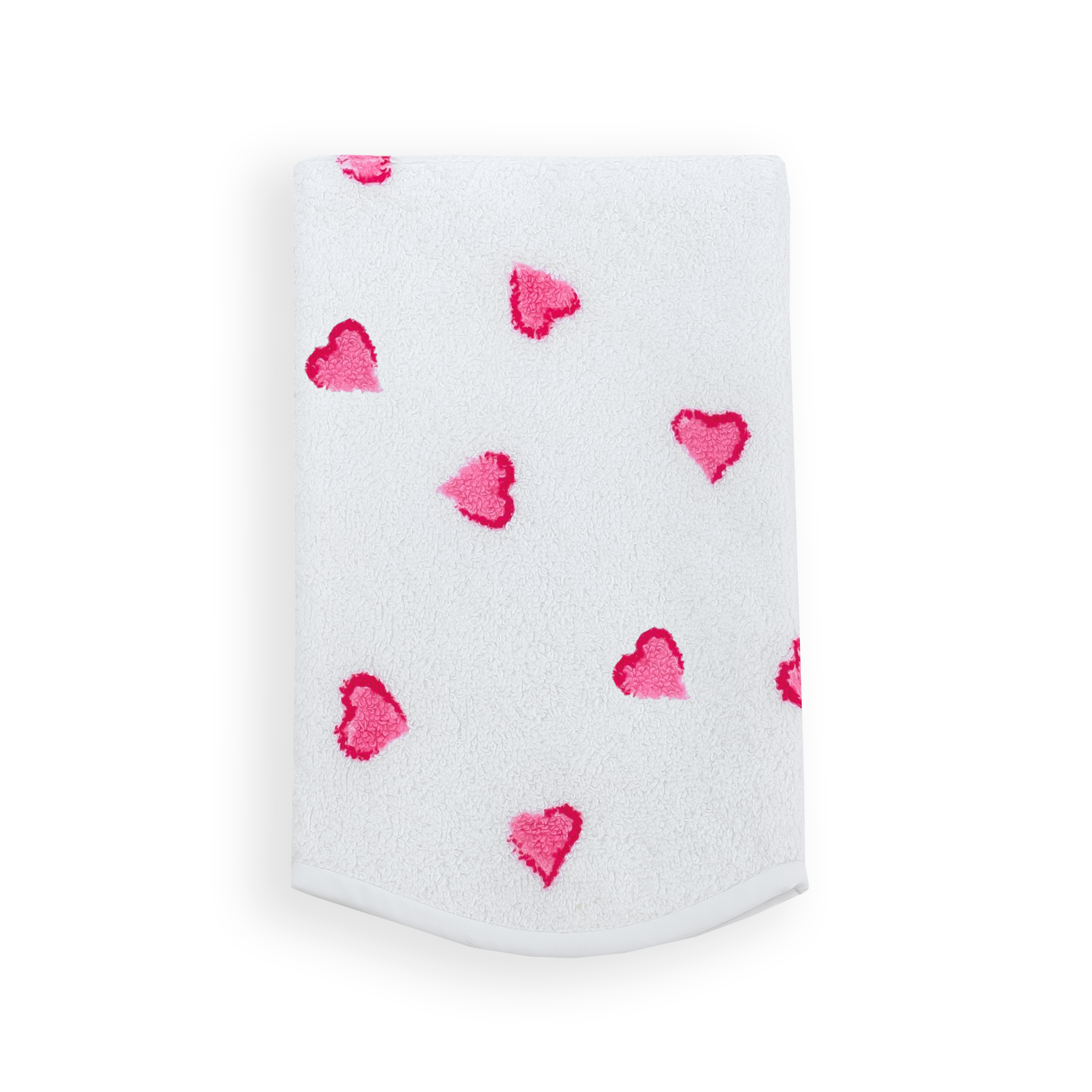 Soft white terry bath mitt featuring lush scattered pink hearts, finished with a clean white bias edge.