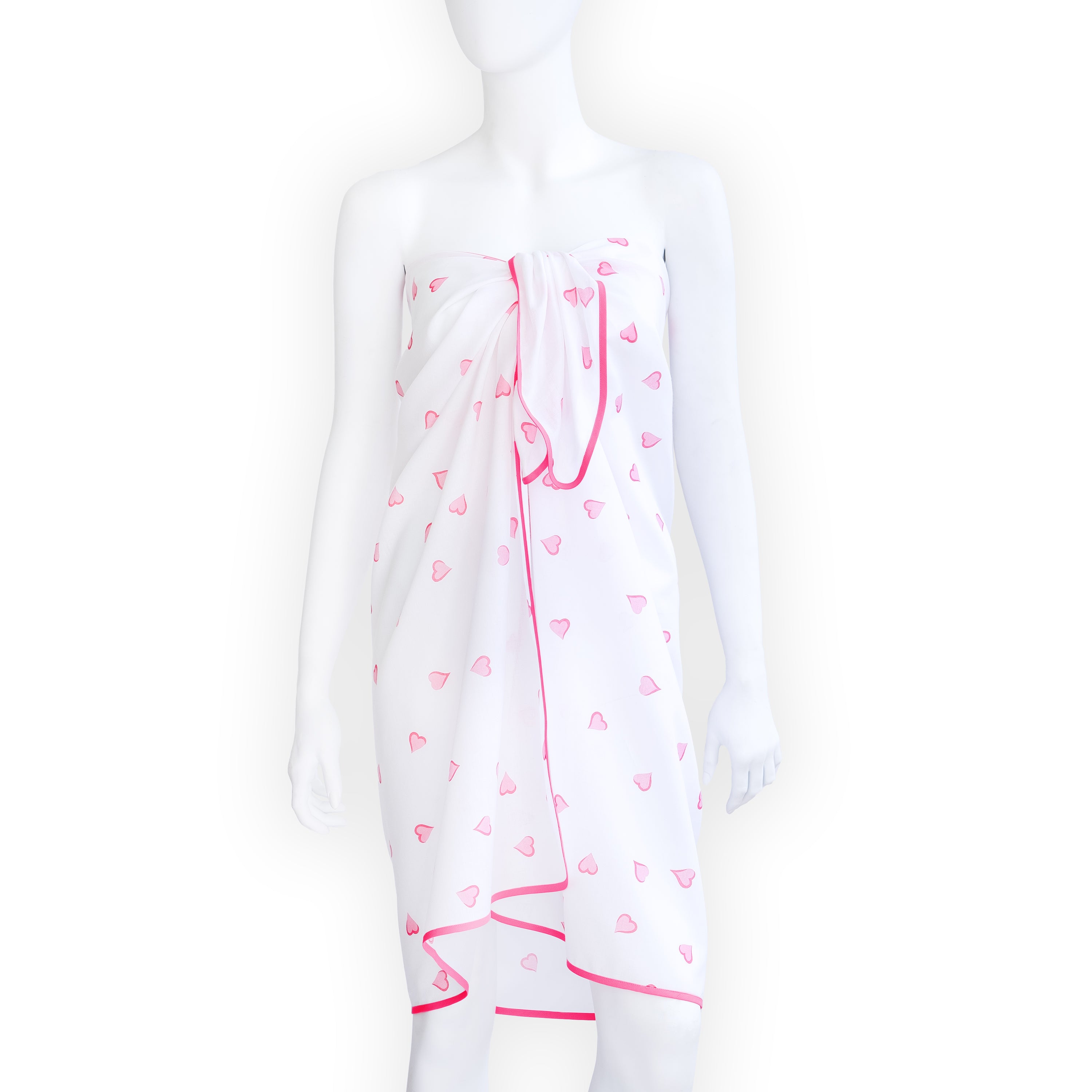 Coeurs Hearts, Pink voile fabric Pareo with a dark hot pink bias wrapped around mannequin 