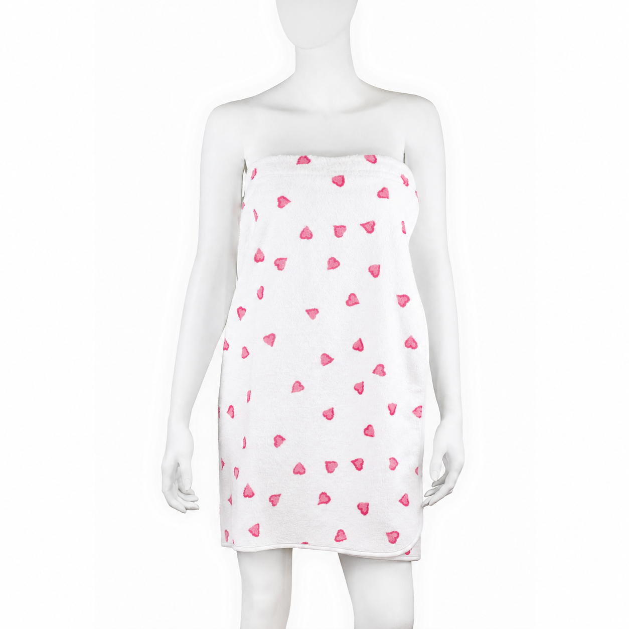 Printed pink hearts scattered on a white terry wrap (fling), on a mannequin, white bias along the side and bottom. With a white background.