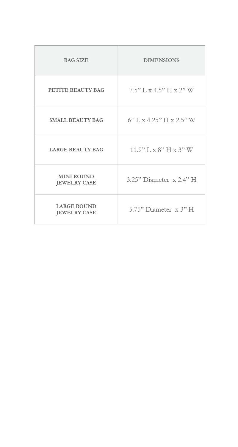 Size chart for cosmetic and jewelry bags