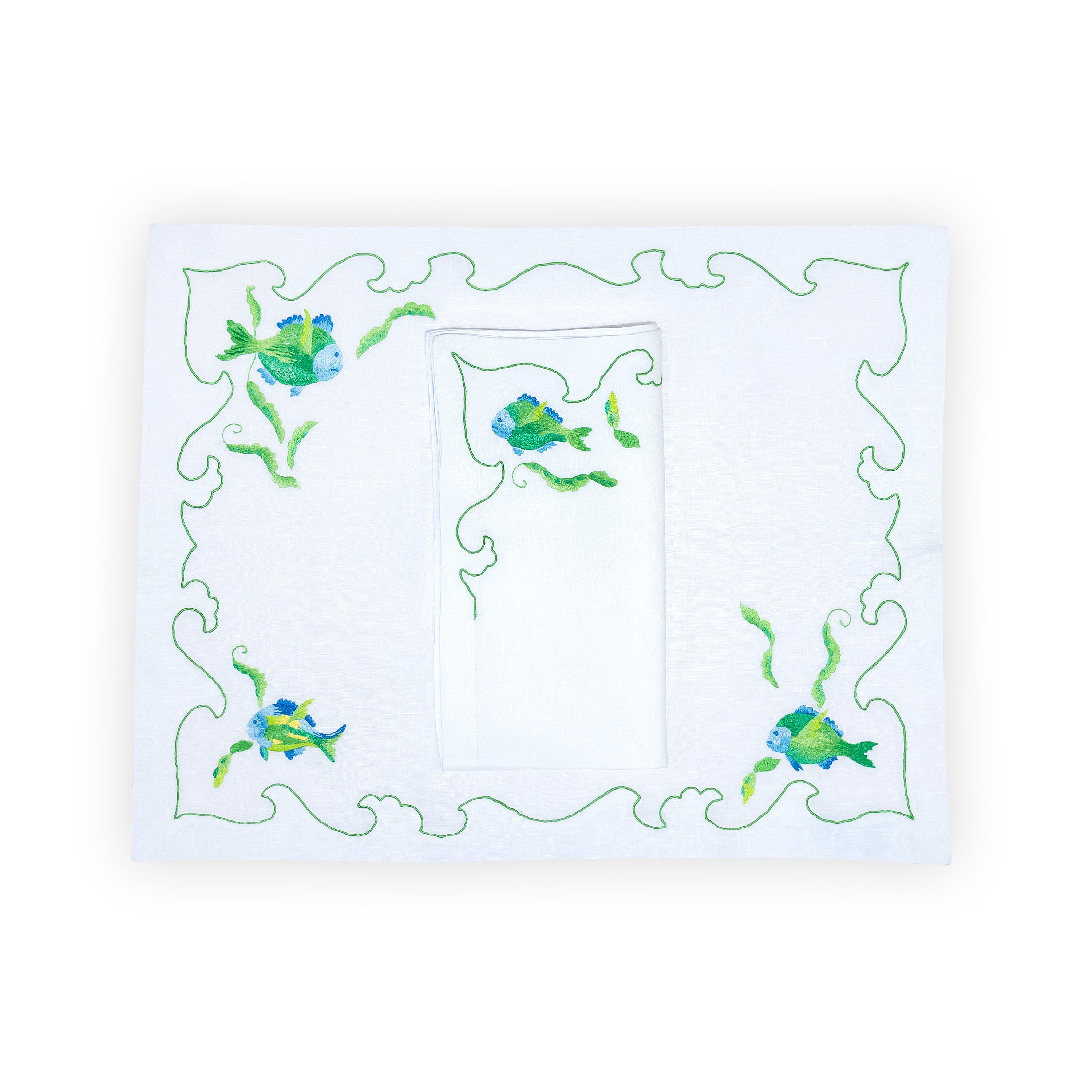 Poissons Green/Blue Emb. Placemat/Napkin Sets