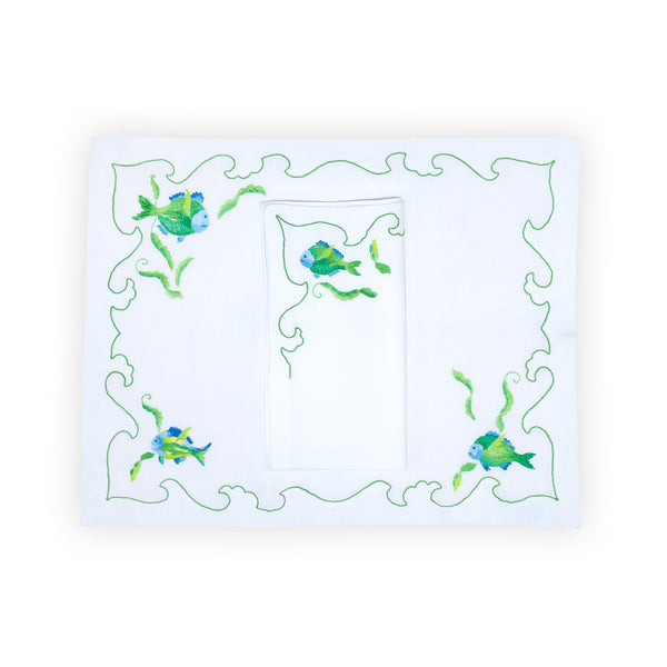 Poissons Green/Blue Emb. Placemat/Napkin Sets