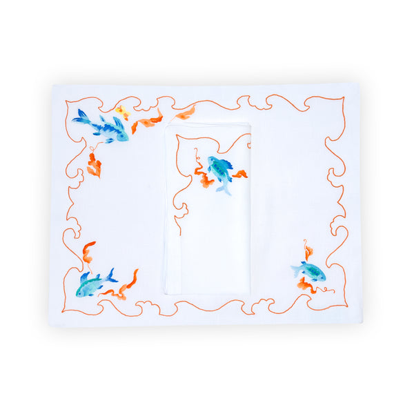 Poissons Coral/Blue Emb. Placemat/Napkin Sets