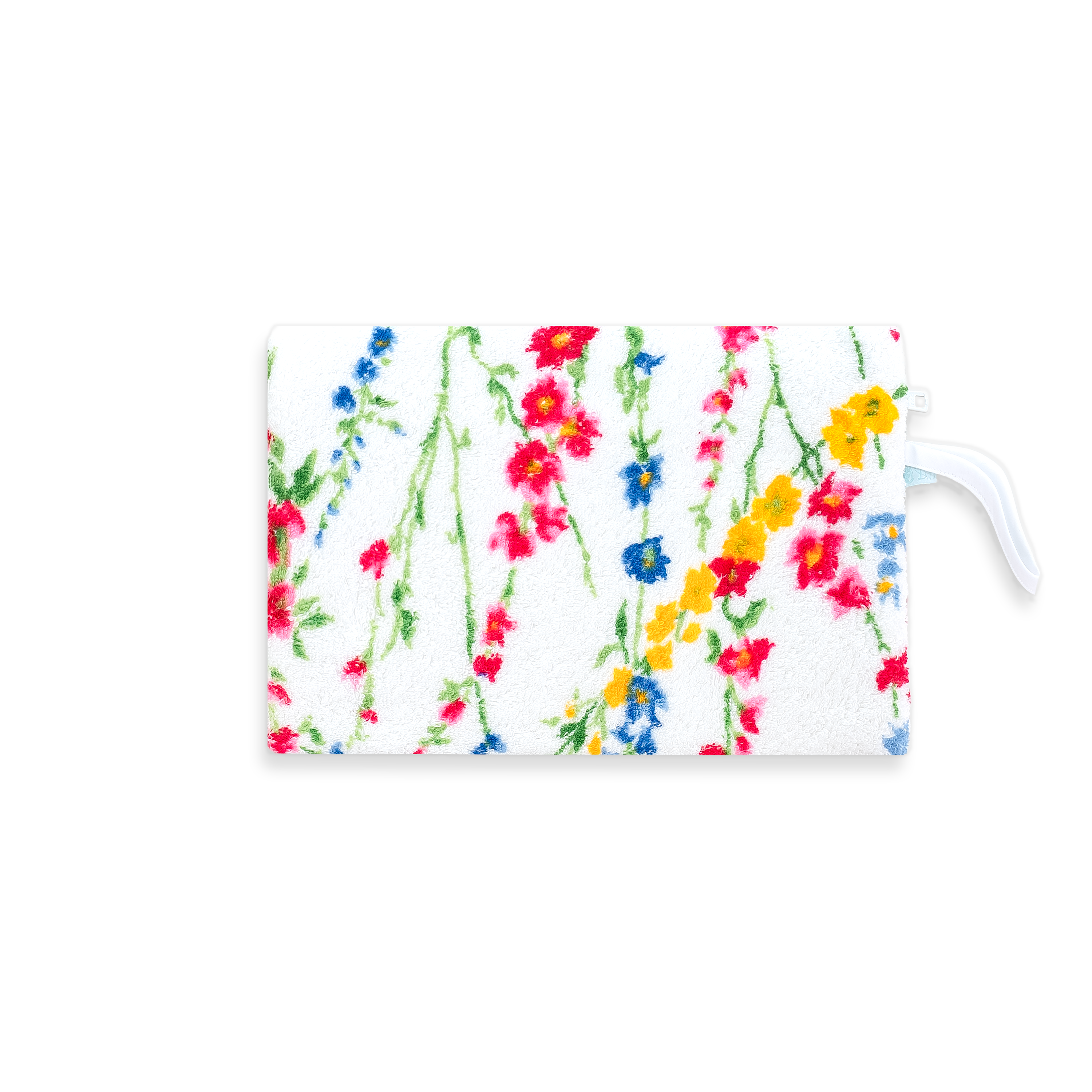 Multi floral floral-patterned pouch, and white wrist band, on a white background