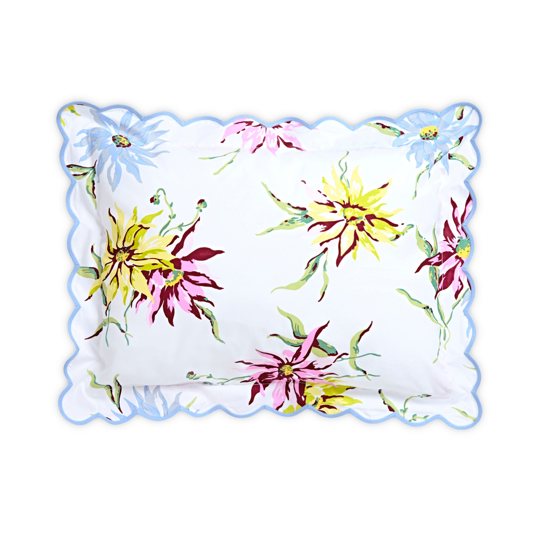 Dahlia printed boudoir sham, with a scallop light blue bias. Shown on a white background.