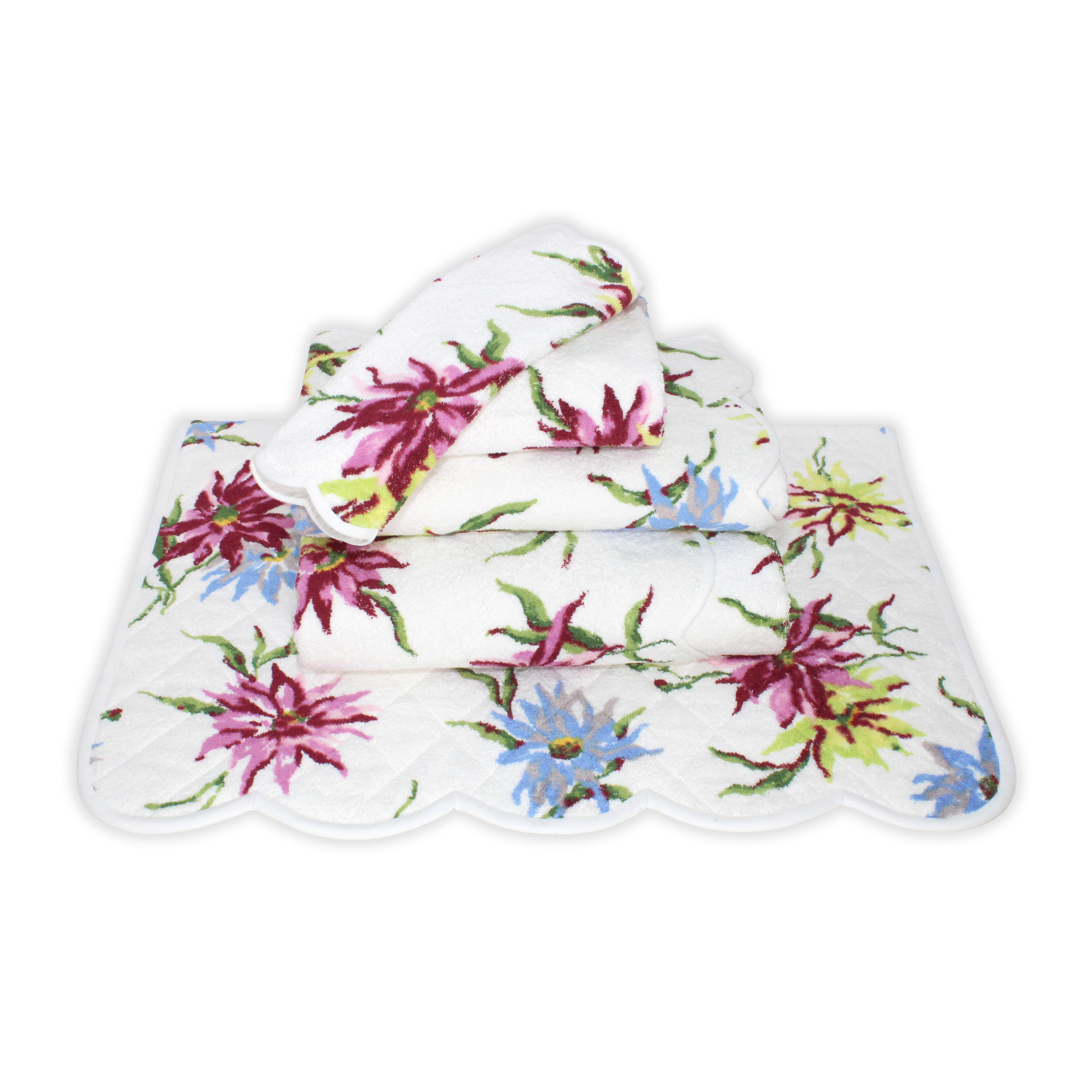 Printed multicolored florals, Dahlia Print, Folded Towel stack. Showing 1 of each size, from bottom to the top: Bathmat, Bath Sheet, Bath Towel, Hand Towel and Washcloth on a solid white background.