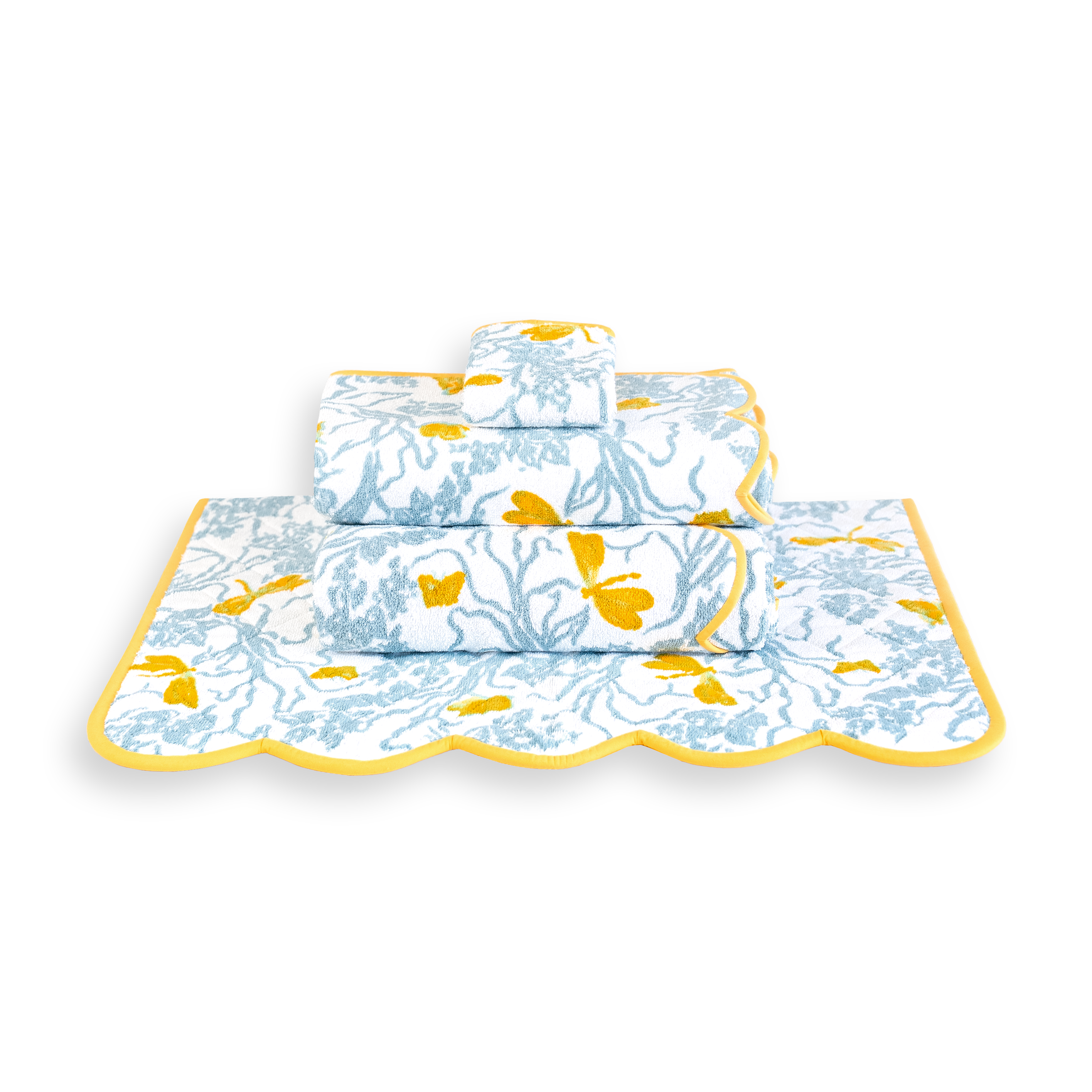 Printed dragonflies, Libellules Print, Folded Towel stack. Showing 1 of each size, from bottom to the top: Bathmat, Bath Sheet, Bath Towel, Hand Towel and Washcloth on a solid white background.