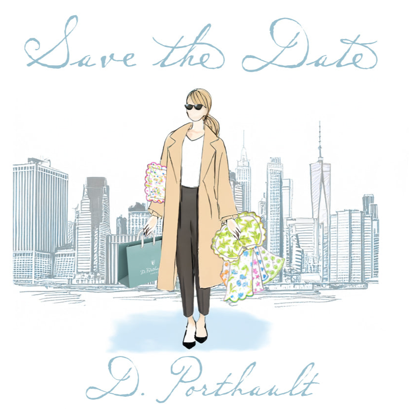 Illustration of a woman holding flowers with a city skyline in the background, featuring the brand 'D. Porthault'.
