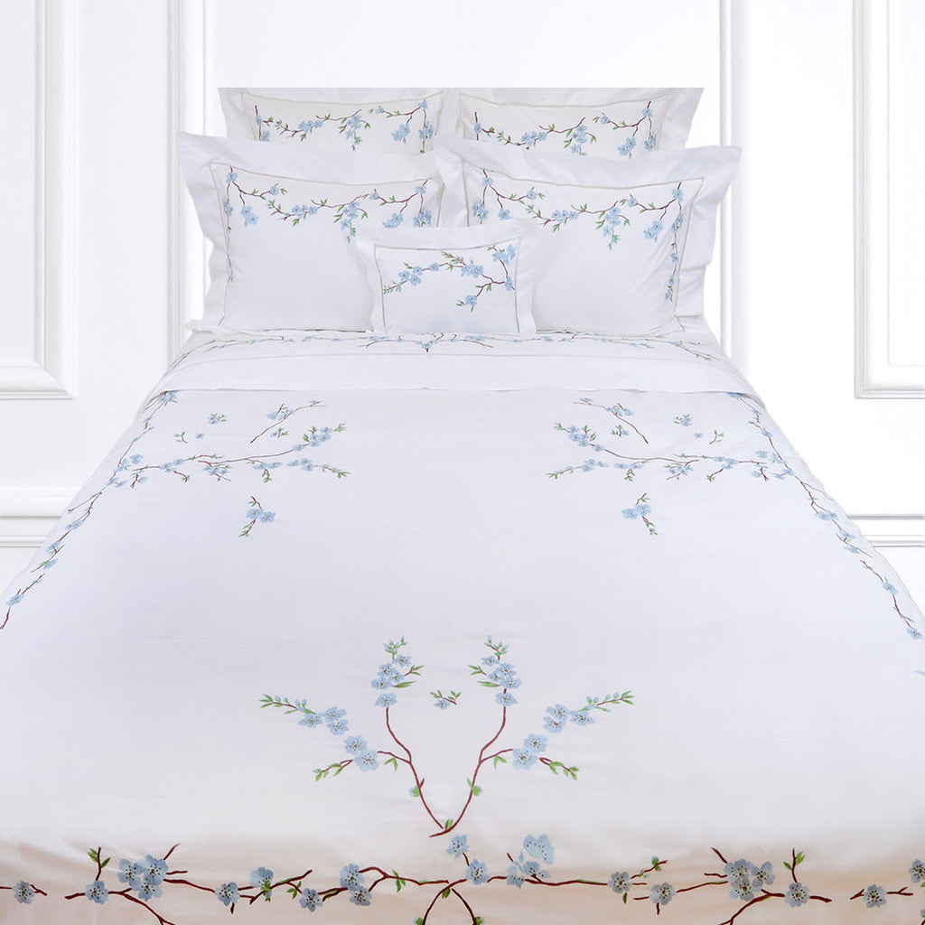 Fleurs de Pêcher Blue Emb. Bed Linens