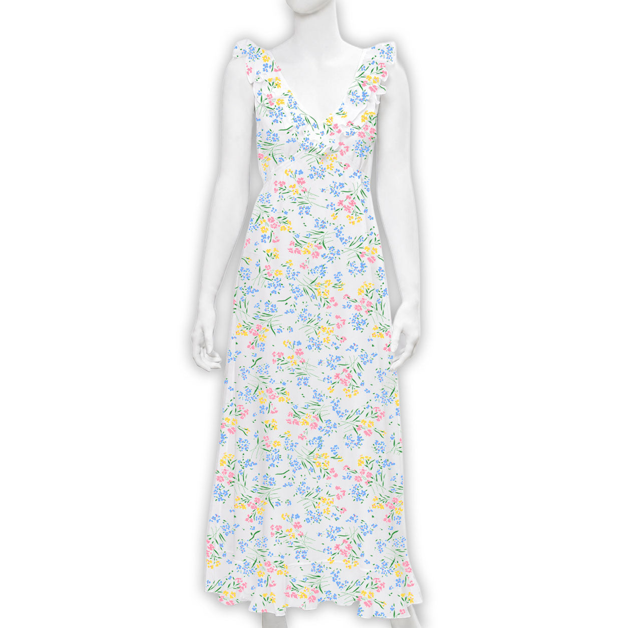 Multicolored florals long nightgown, bias cut printed cotton voile with tie and V-neck ruffle in the front and back. Displayed on mannequin with a white background.