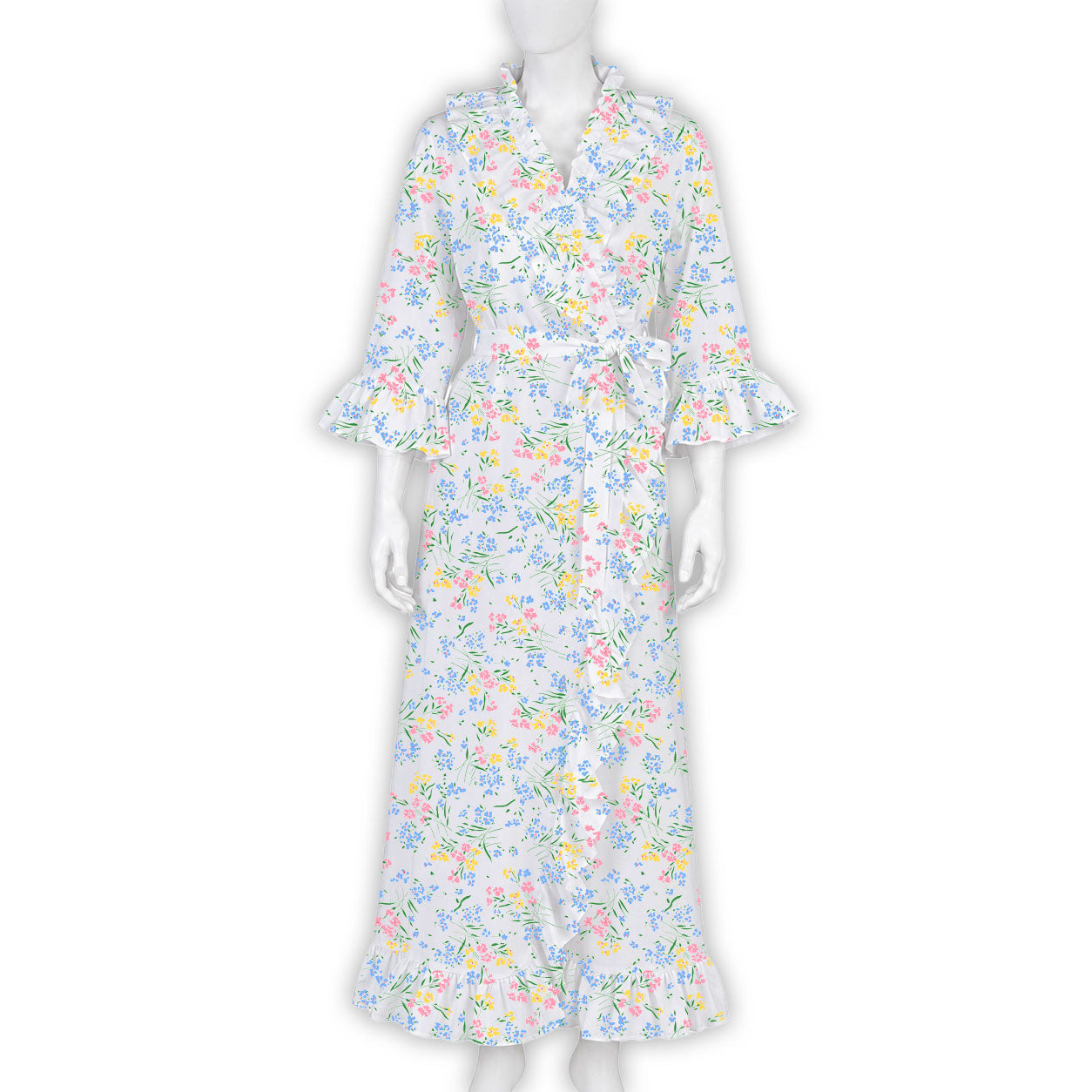 Multicolored florals on cotton voile bias cut long nightgown with waist tie and V-neck, ruffles in front, back and on sleeve cuffs. Displayed on mannequin with a white background.