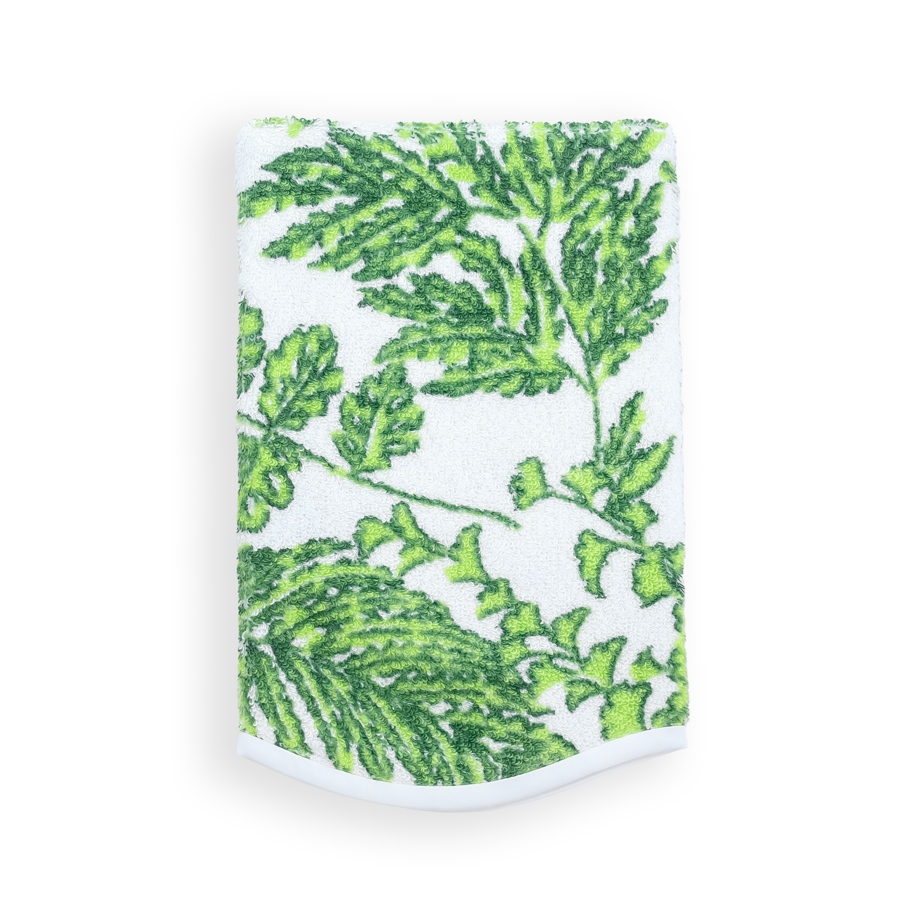 Soft white terry bath mitt featuring lush green foliage in green fougeres, finished with a clean white bias edge.