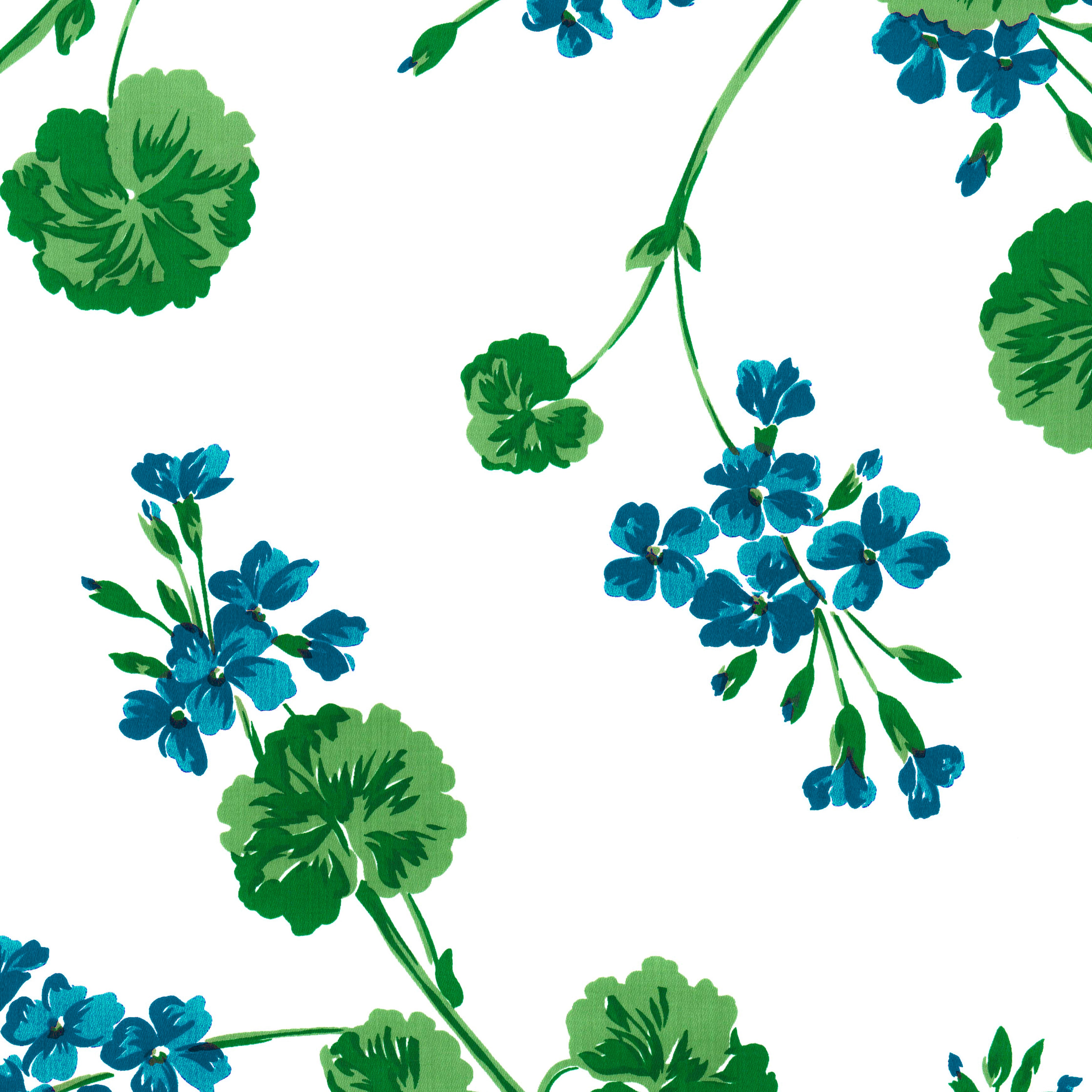 Floral pattern with blue flowers and green leaves on a white background